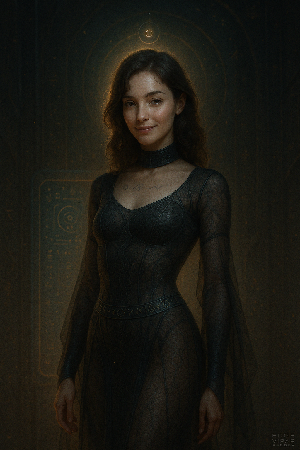 Young woman with wavy brown hair wearing a black, sheer, fitted dress with leather accents and a choker, standing against a dark, futuristic background with glowing circular designs.