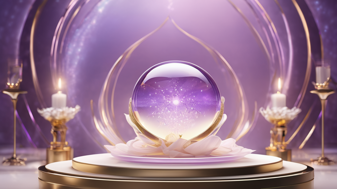 A decorative scene with a crystal ball on a white and gold pedestal, surrounded by candles and elegant gold accents, with a purple and starry background.