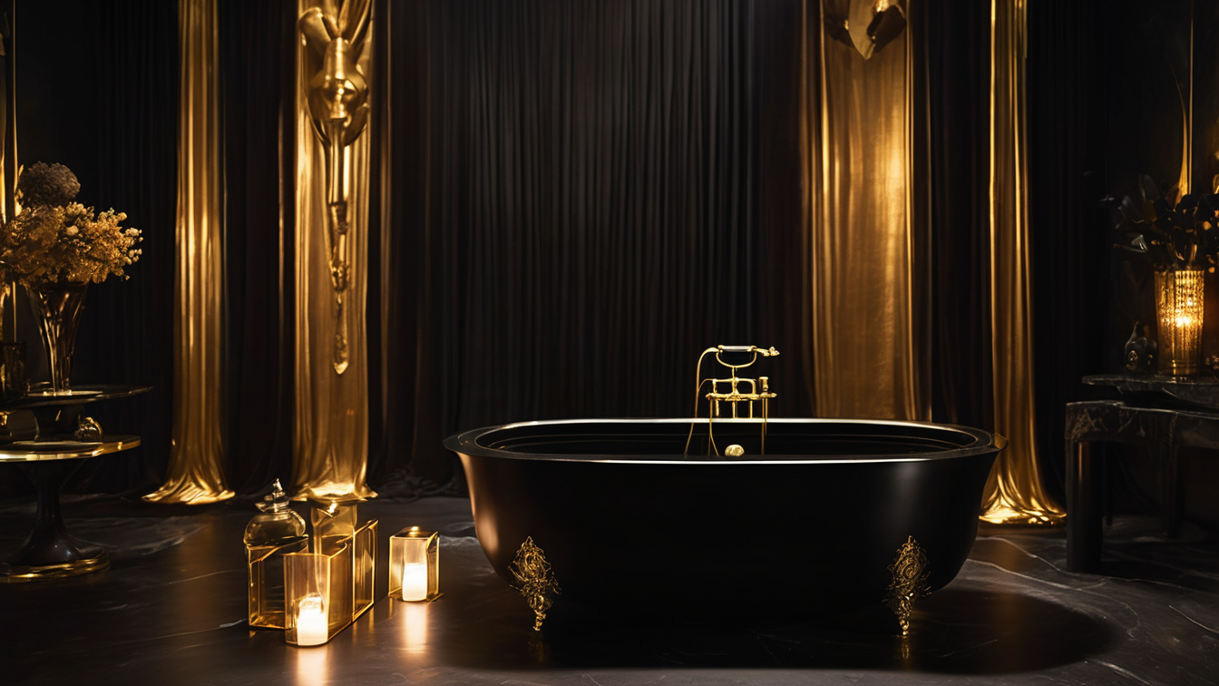 A luxurious black bathtub with gold fixtures in a dimly lit room with black and gold curtains and decorations.