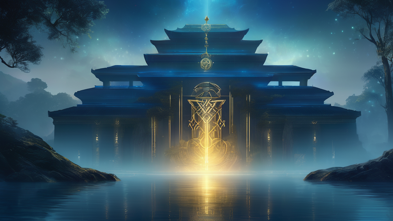 A mystical, ancient style temple or palace with multiple tiers, reflecting on a calm body of water, illuminated by glowing golden symbols and surrounded by a foggy, starry night sky and trees.