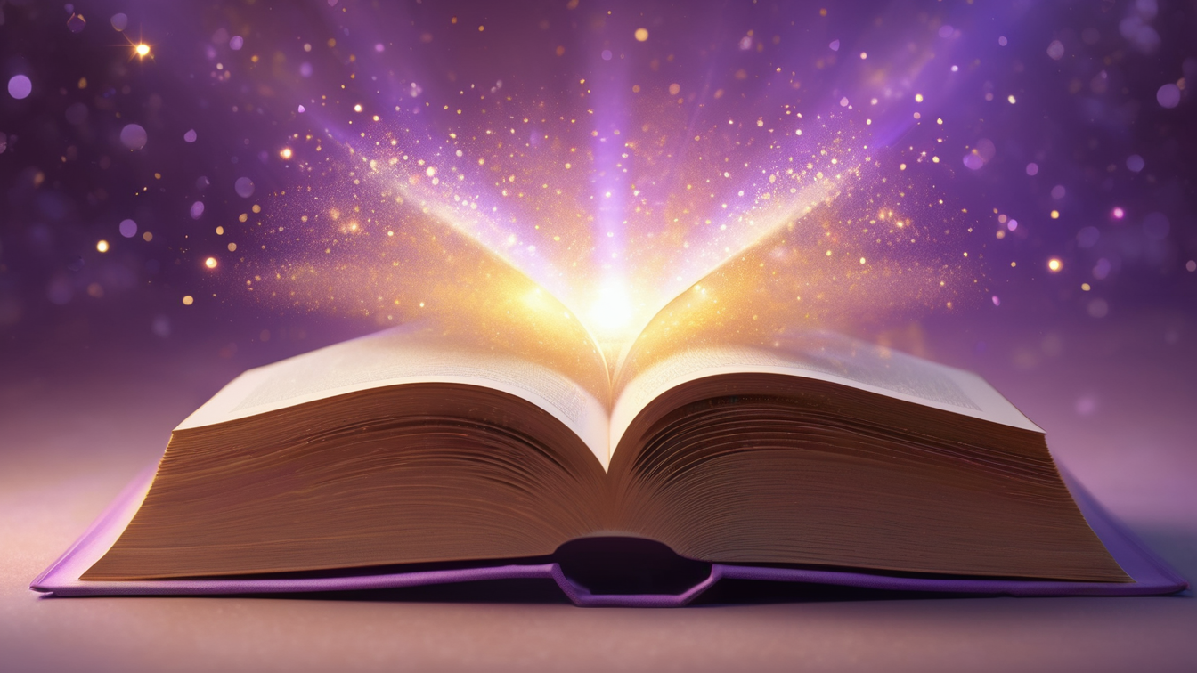 An open book with glowing magical light and sparkles emanating from its pages against a purple background.