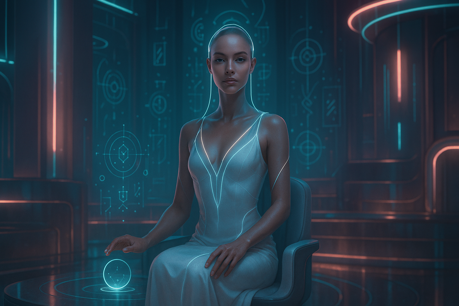 A futuristic woman with neon lines on her body, sitting in a high-tech room with holographic displays.