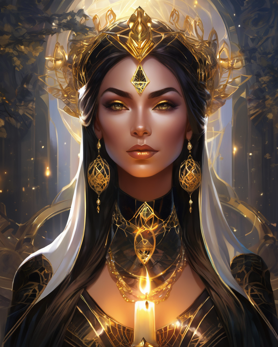 A regal woman with dark hair and gold eyeshadow, adorned in black and gold jewelry, wearing a crown-like headpiece, with a lit candle in front of her chest, set against a dark, mystical background with glowing lights.