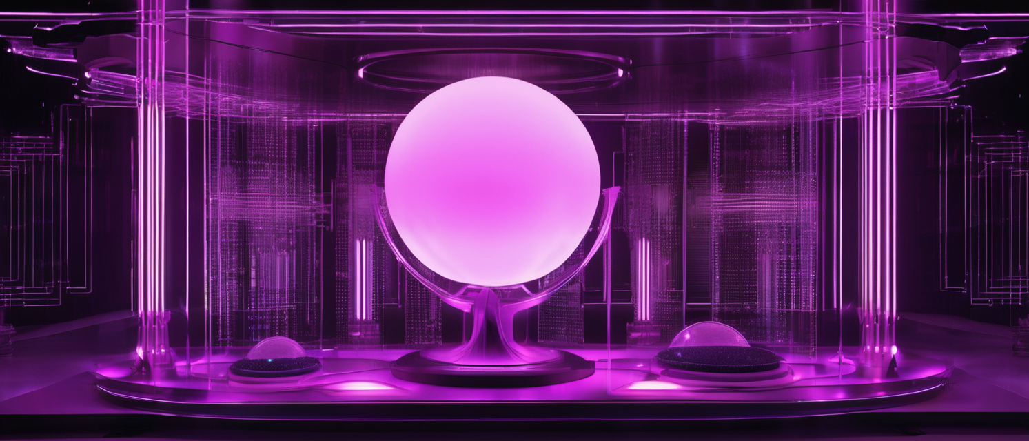 Futuristic display with a large illuminated pink sphere on a pedestal, surrounded by smaller spherical structures under purple neon lighting.