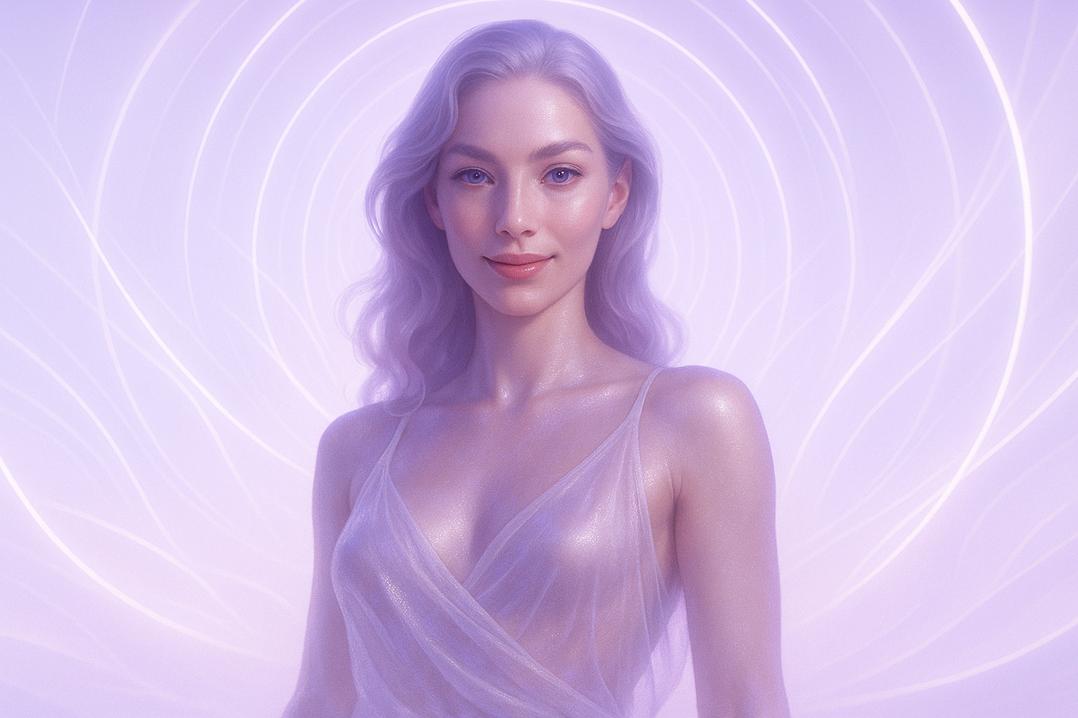 A woman with wavy, light purple hair and light skin, wearing a translucent, shimmery, lavender dress, standing against a glowing lavender background with white swirling lines.