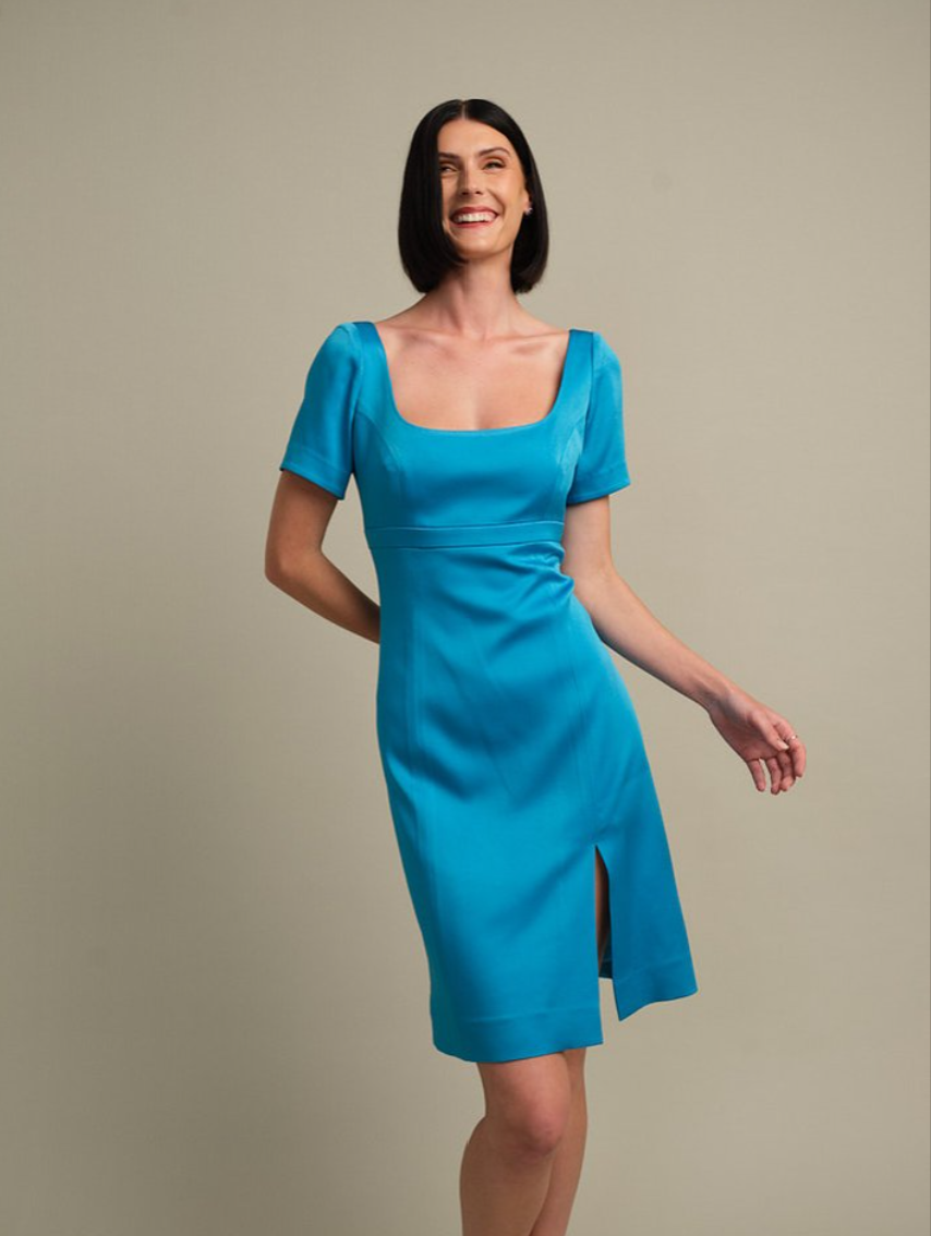 Look 9 - Striking square neck dress silhouette in Azure blue 