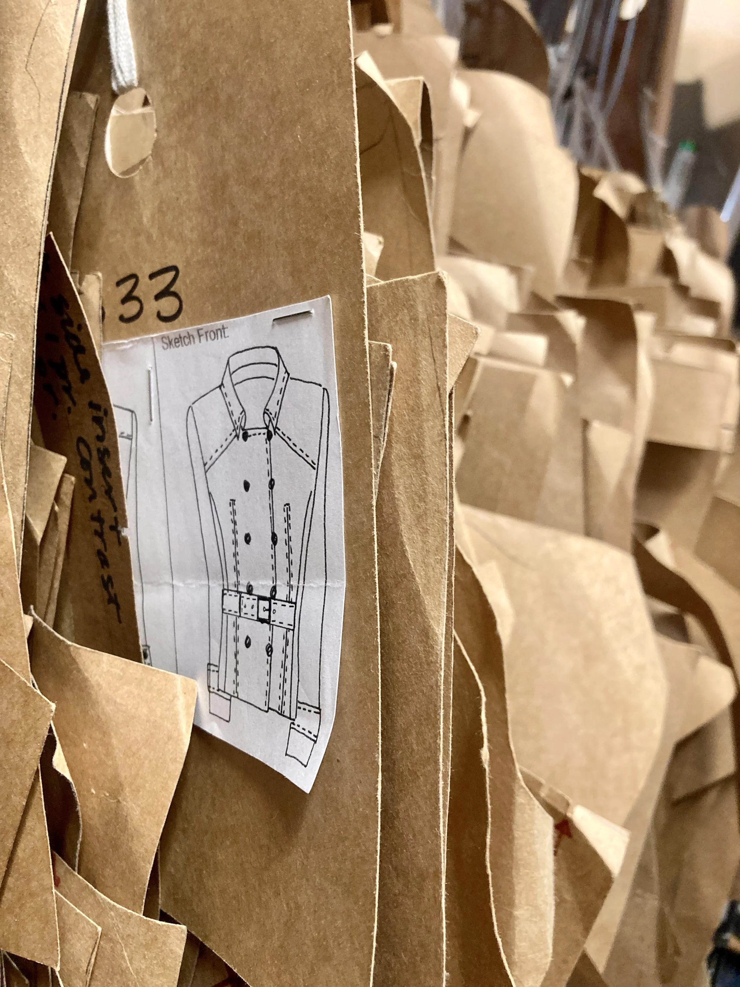 Sewing pattern pieces with a sketch of a shirt design attached, labeled "33."