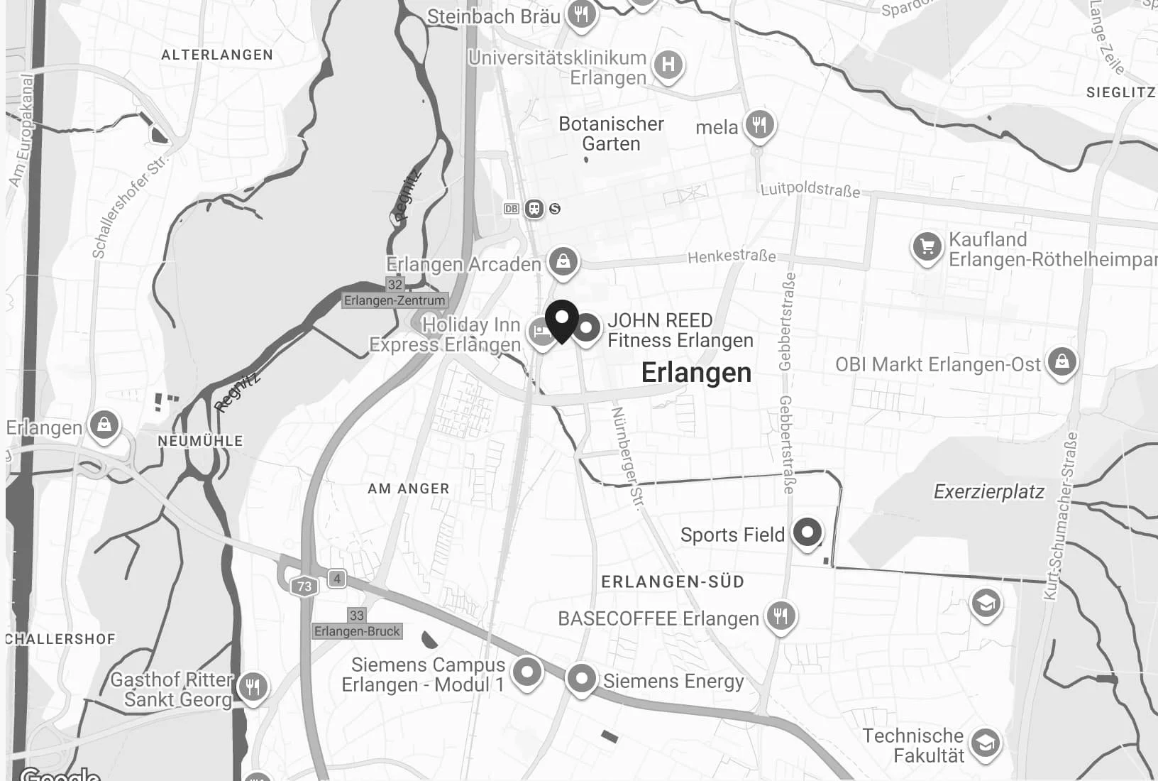 Karte Überblick Erlangen mit Standort Kieferorthopädie an den Erlanger Höfen