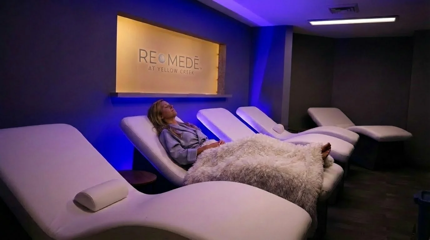 Woman relaxing in the RE·MEDĒ wellness lounge at The Spa at Yellow Creek in Akron, Ohio, featuring luxury recovery loungers and ambient blue lighting for stress relief.