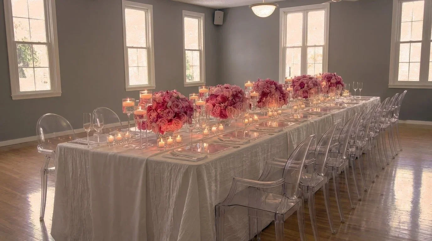 A long luxury banquet table set for a corporate wellness event featuring elegant white place settings and pink floral arrangements at The Spa at Yellow Creek.