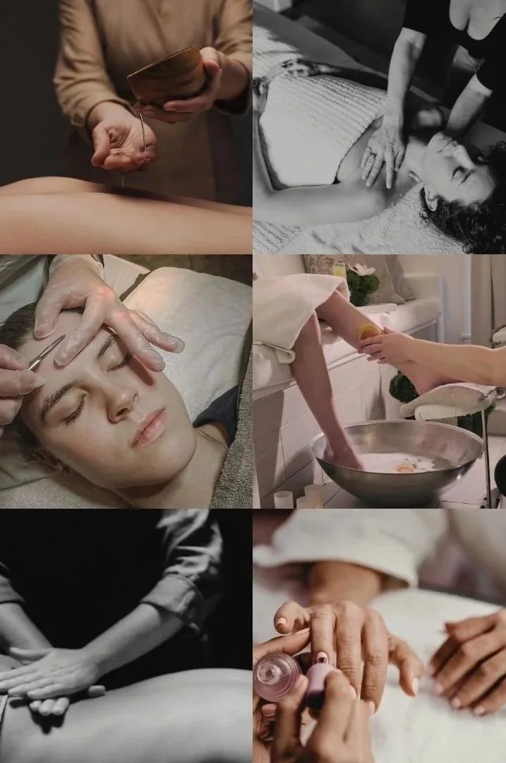 Collage of luxury wellness services at The Spa at Yellow Creek in Akron, OH, featuring deep tissue massage, medical-grade facials, acupuncture, and professional nail care.