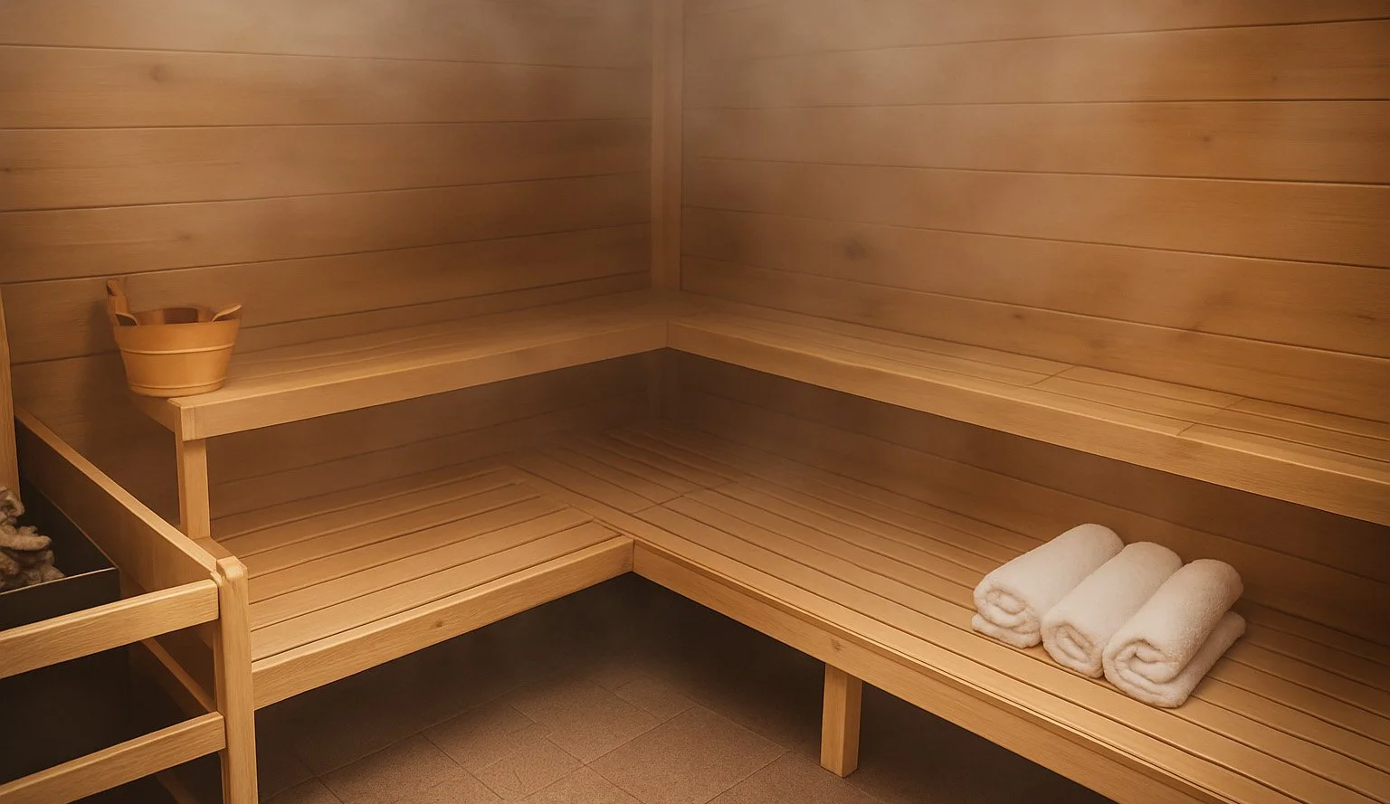 Empty wooden sauna room with three rolled white towels on a bench and a small wooden bucket on the upper shelf at The Spa at Yellow Creek in Akron, Ohio