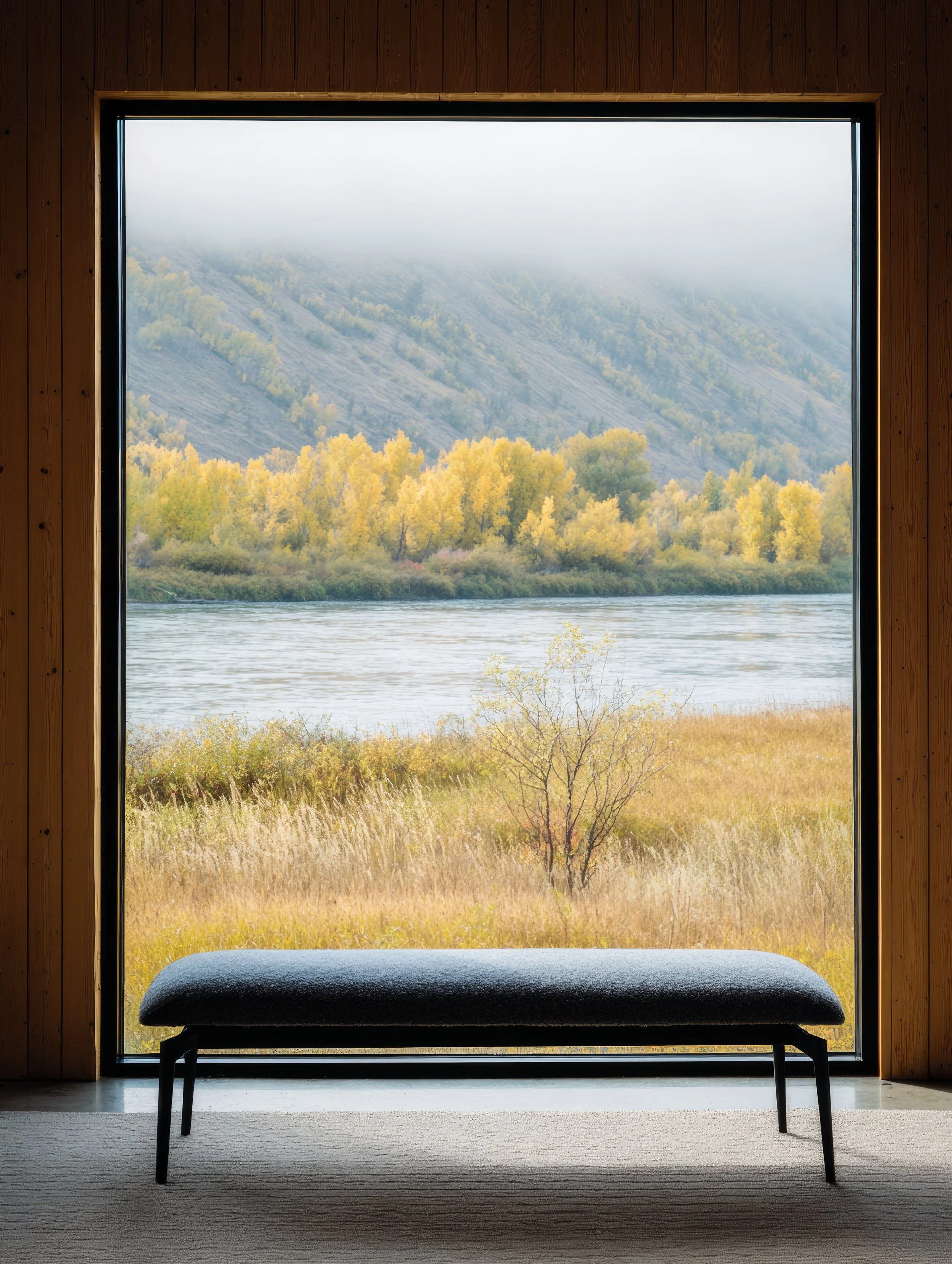 Interior view of a room with a large window showing a river, trees, mountains, and fog in the background, and a black bench in the foreground.