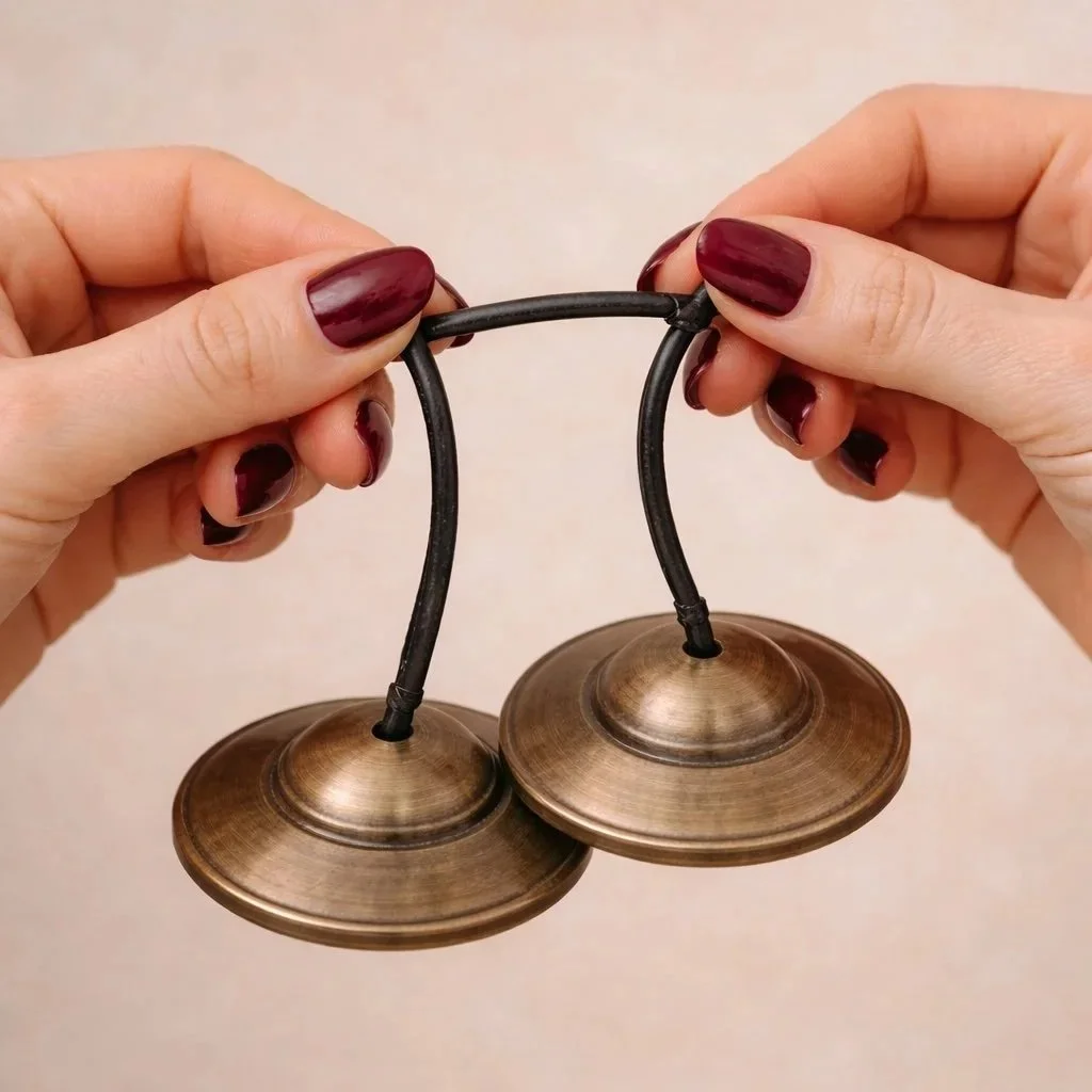 Woman with red painted nails holding a pair of brass tingsha bells held by leather string.