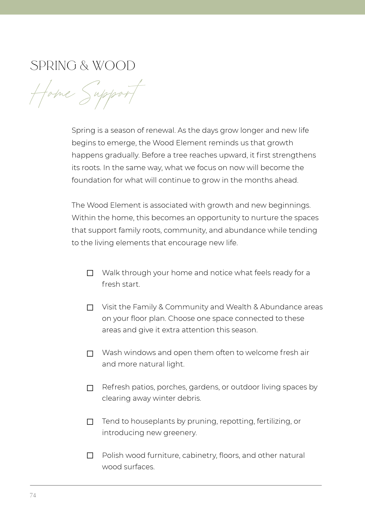 A page titled "Spring & Wood Home Support" with text about spring renewal and home care tips, including checkboxes for tasks like walking through the home, visiting family, washing windows, and maintaining outdoor spaces.