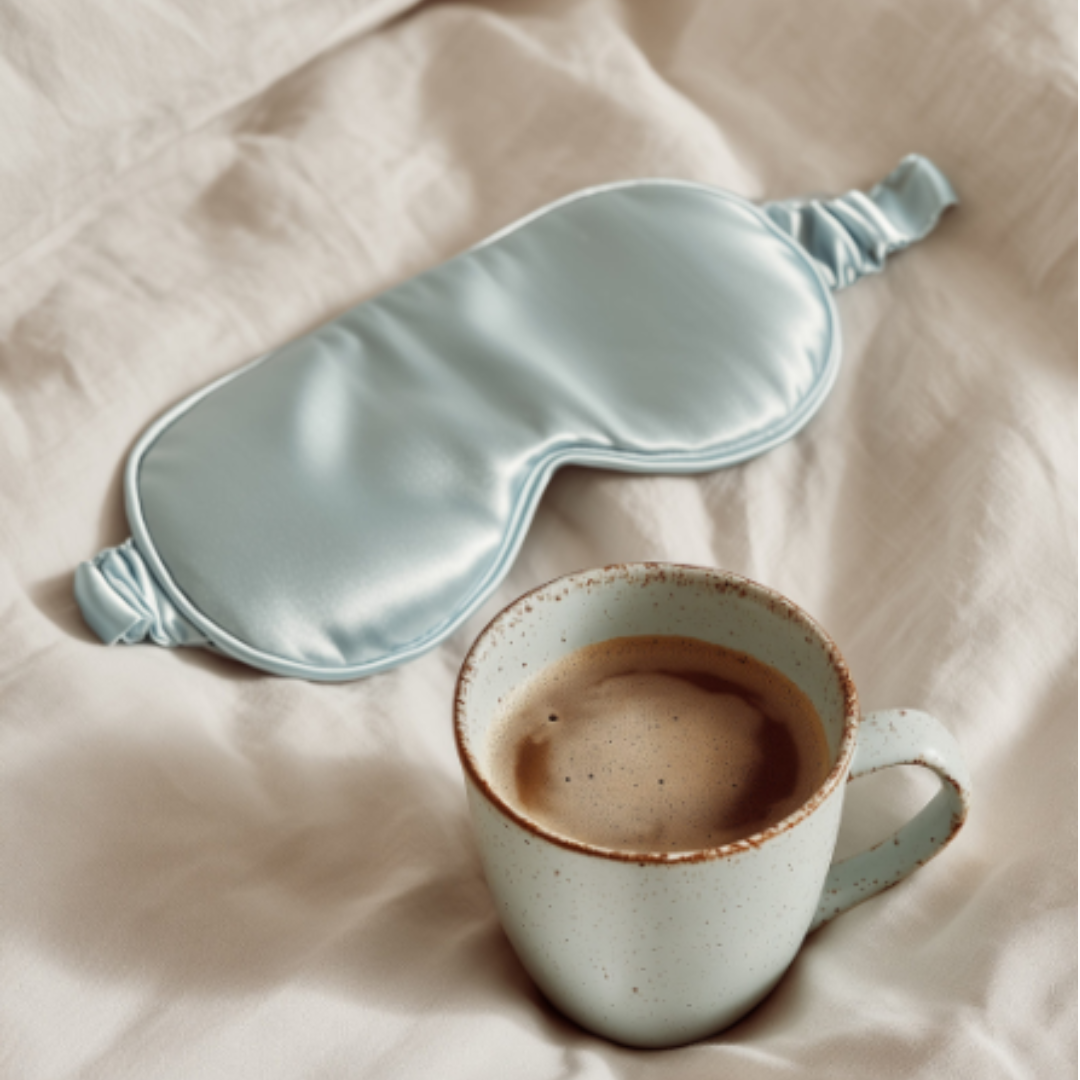 Soft neutral bedding with a ceramic mug of coffee and a pale blue silk sleep mask, creating a calm and intentional morning atmosphere