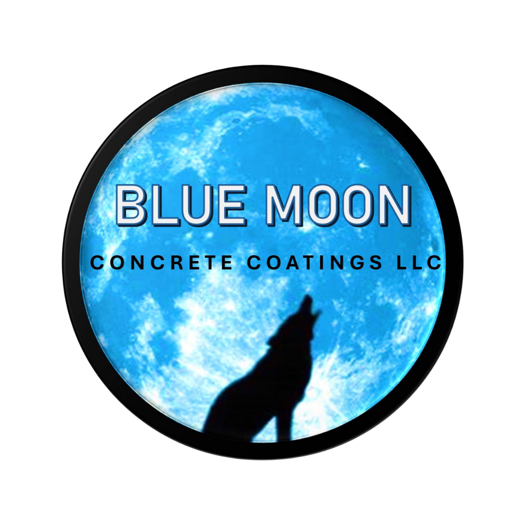 A circular logo with a blue moon background, a silhouette of a howling wolf, and the text "Blue Moon Concrete Coatings LLC".