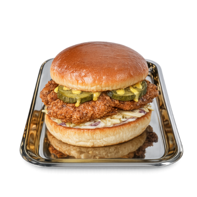 Fried chicken burger with lettuce and sauce on a bun, served on a metal tray.