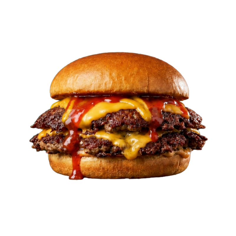 Cheeseburger with pickles, onions, ketchup on tray
