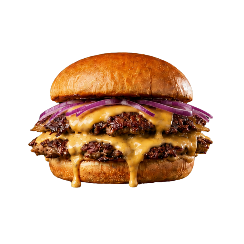 Cheeseburger with lettuce, grilled onions, and sauce on a bun, served on a metal tray.