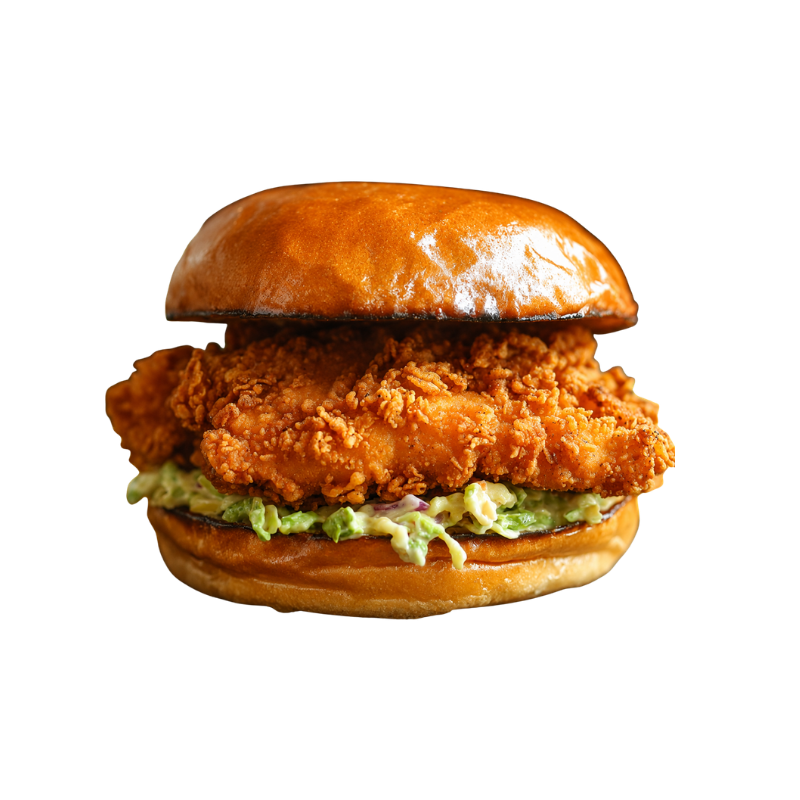 Fried chicken burger with lettuce and sauce on a bun, served on a metal tray.