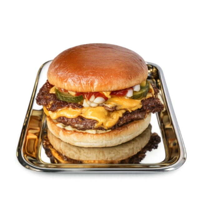 Cheeseburger with pickles, onions, ketchup on tray