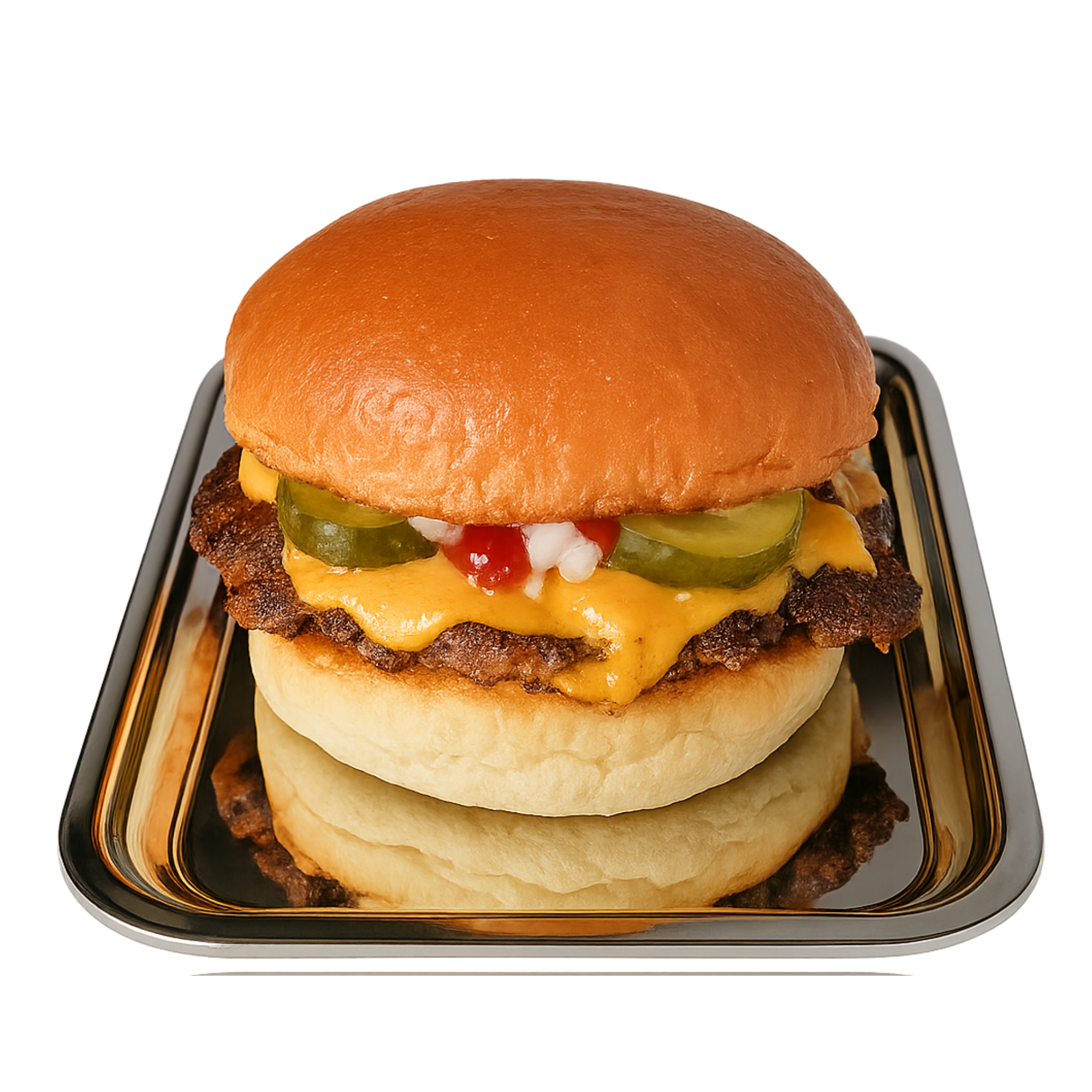 Cheeseburger with pickles, onions, ketchup on tray