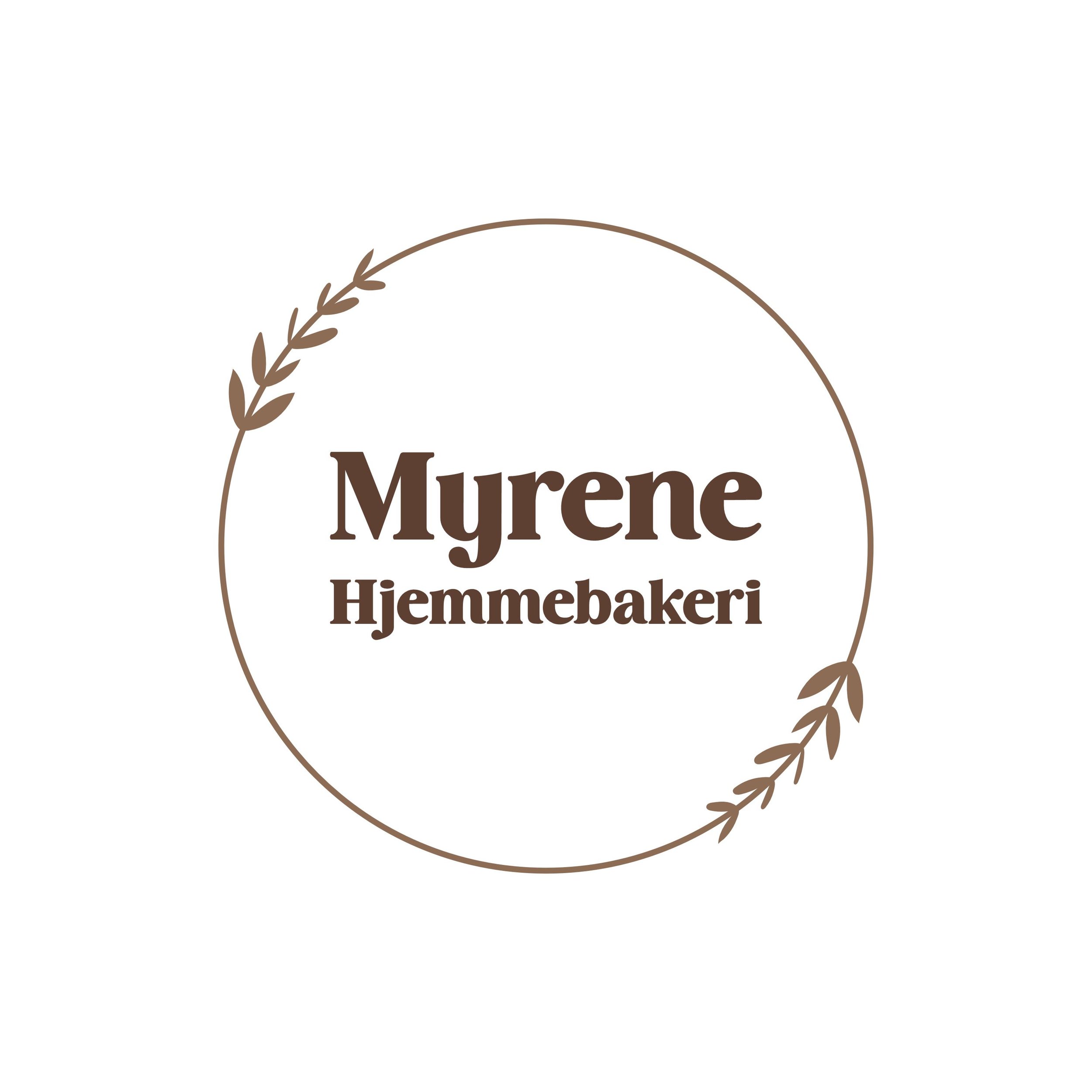 Logo for Myrene Hjemmebakery with brown text inside a circular outline with leaf accents.