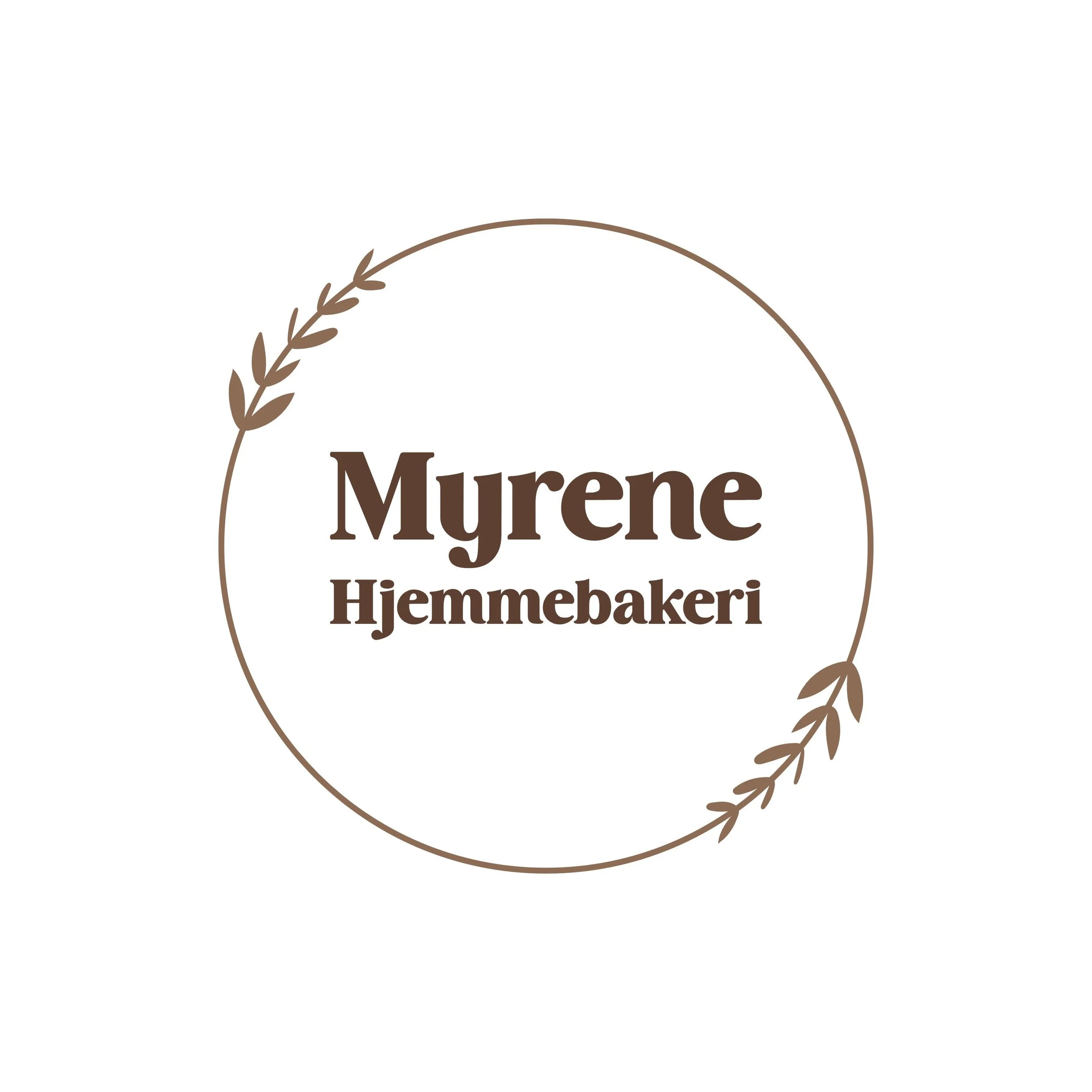 Logo for Myrene Hjemmebakeri, med en brun sirkel og en laurbærgren i øverste venstre og nederste høyre del av sirkelen.