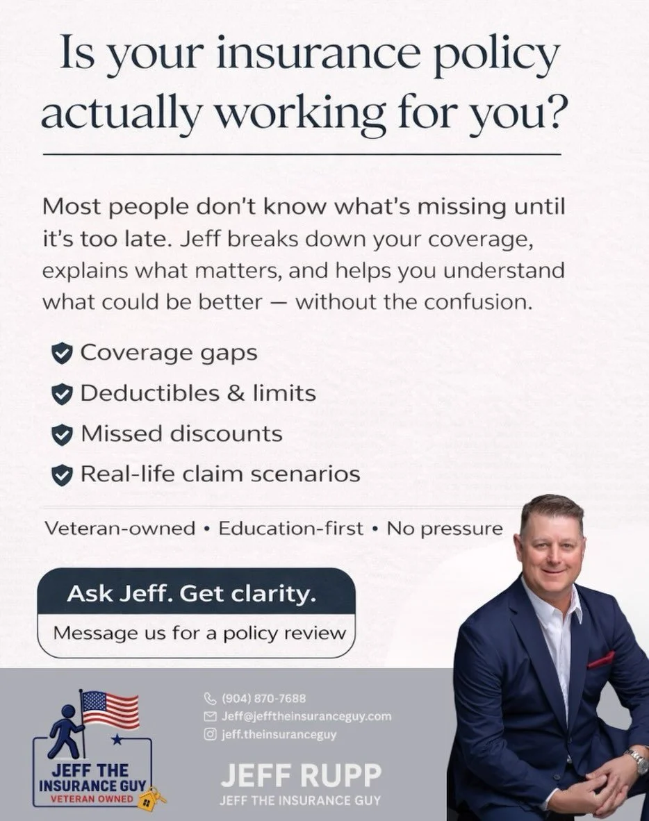 Ever wonder if your insurance policy is really protecting you &mdash; or just checking a box?
Jeff takes the time to explain what you have, what you may be missing, and what could be better &mdash; in plain English.

Proudly veteran-owned and educati