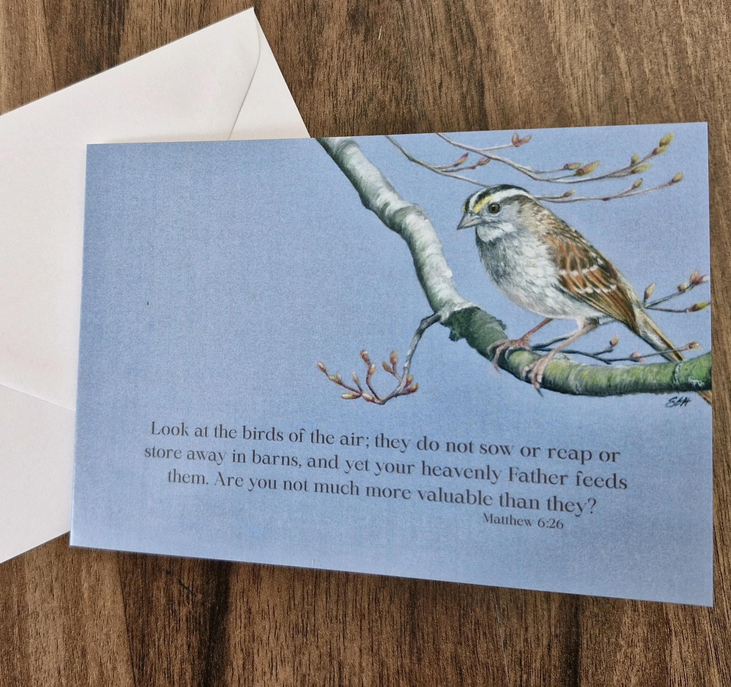 Mathew 6:26 Look at the birds of the air sparrow greetings card