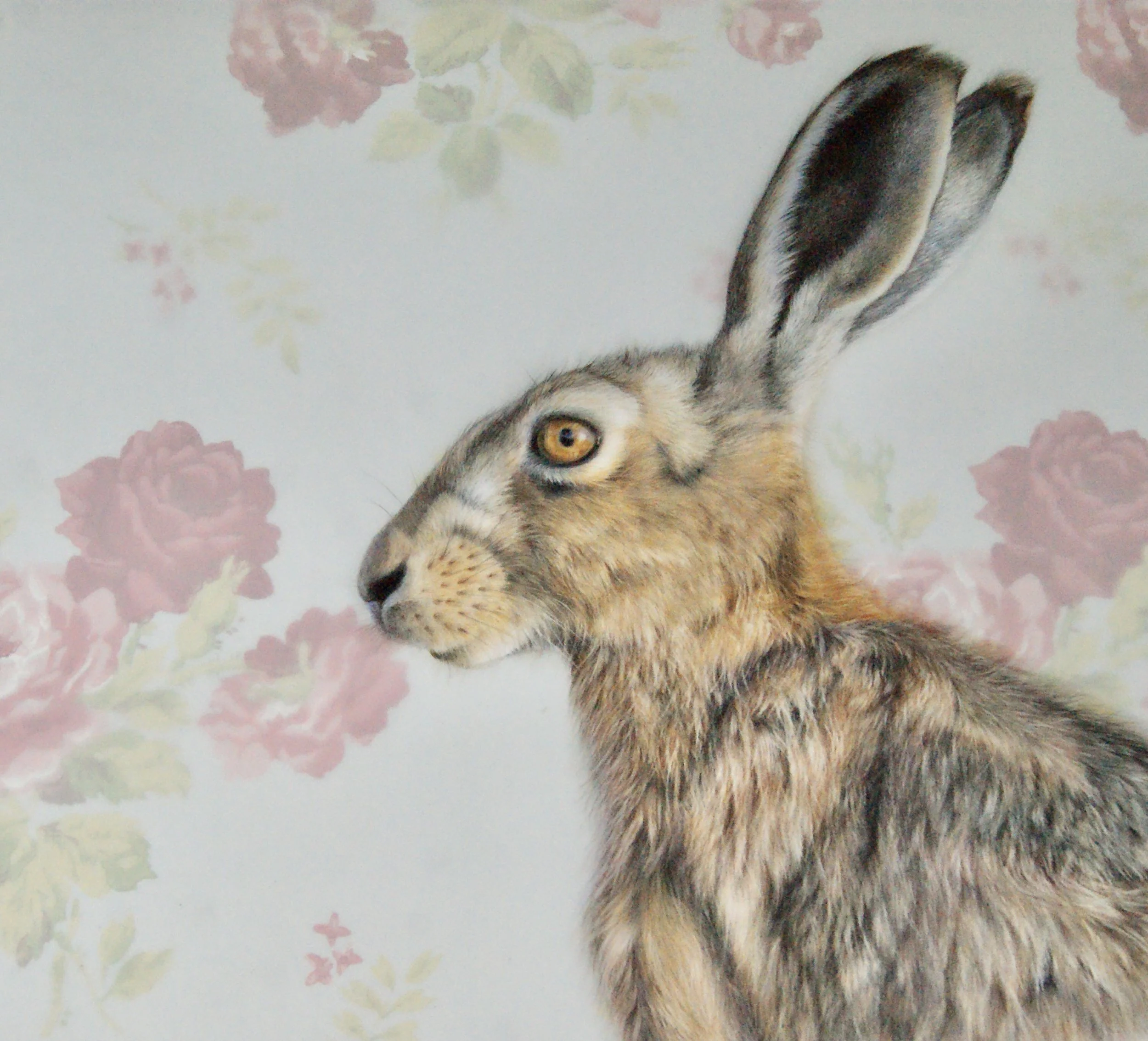 Print of a hare with vintage roses wall art