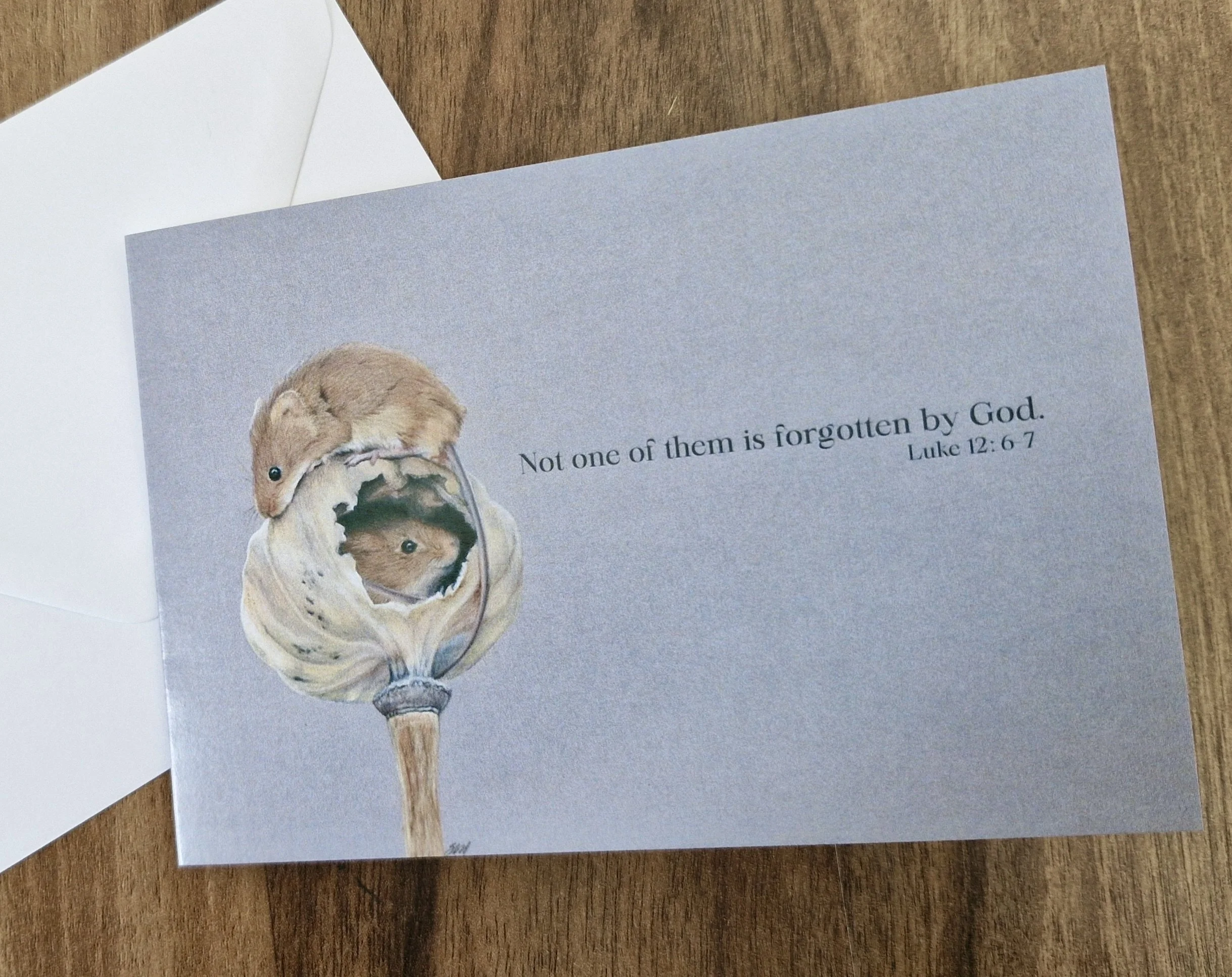 Luke 12:6-7 Not one of them is forgotten by God mouse greetings card
