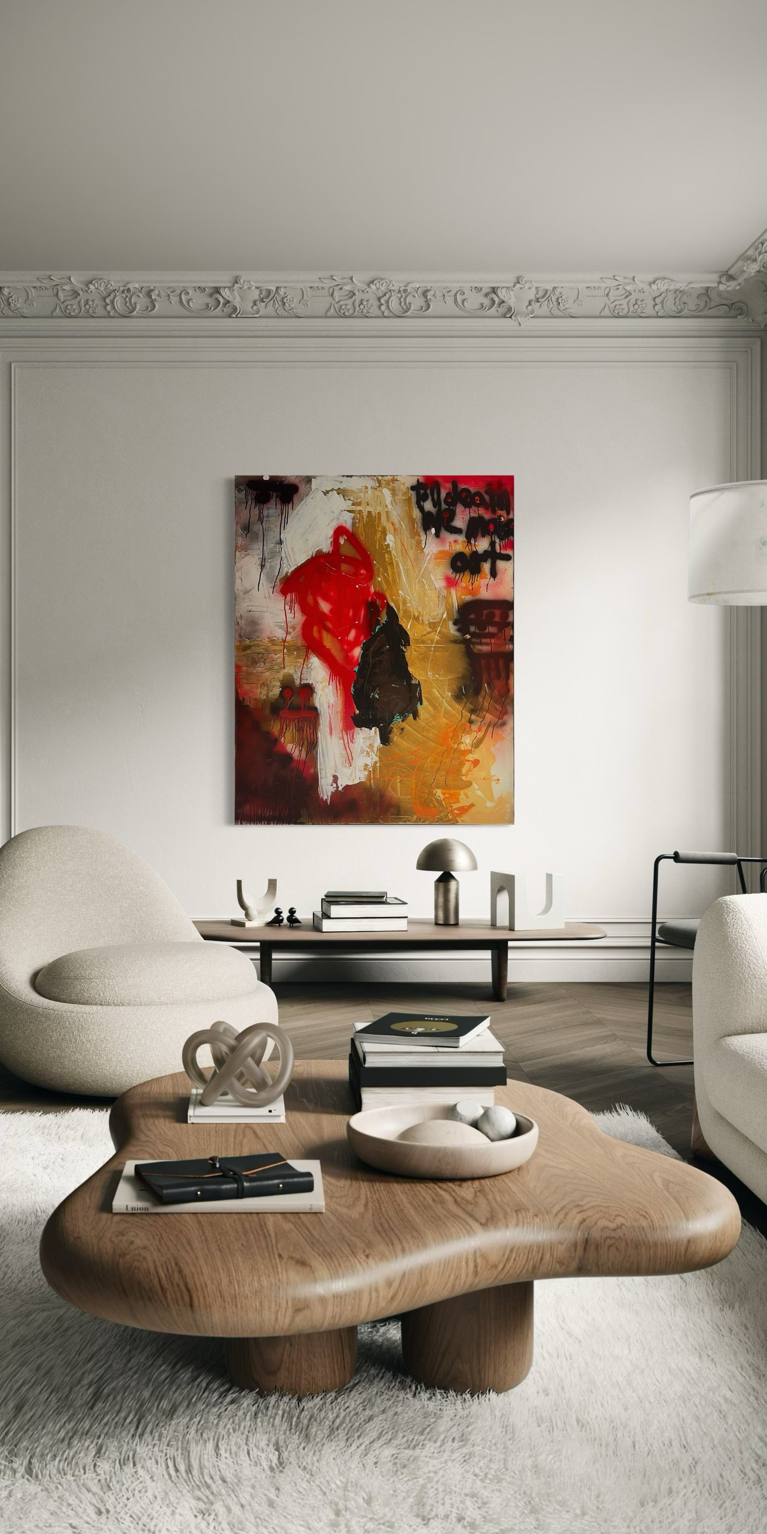 Modern living room with abstract painting on white wall, beige chairs, wooden coffee table with decorative items, books, and a plush white rug.