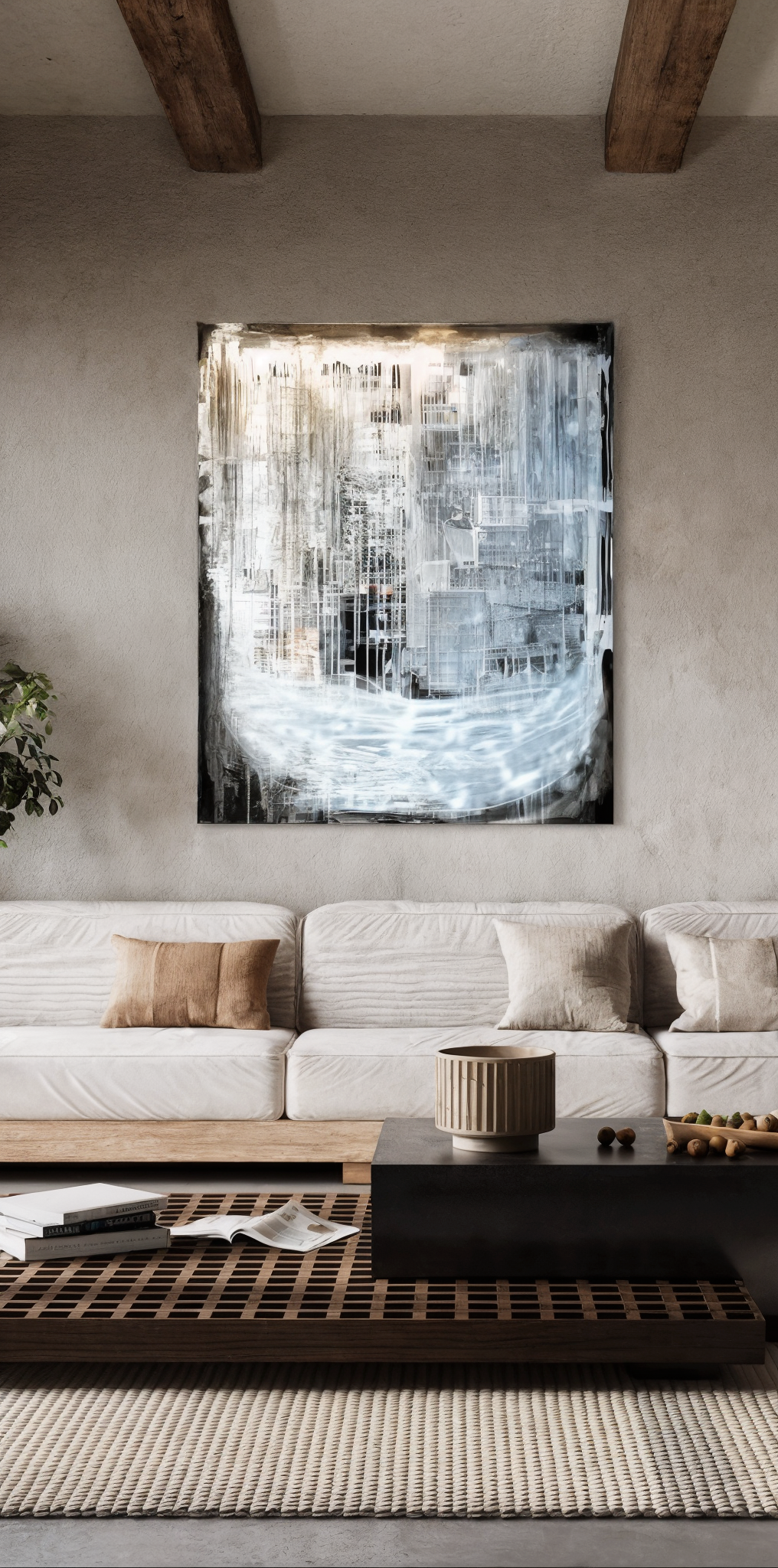 Living room with a beige sofa, a black coffee table, a large abstract cityscape painting, books, and decorative objects.