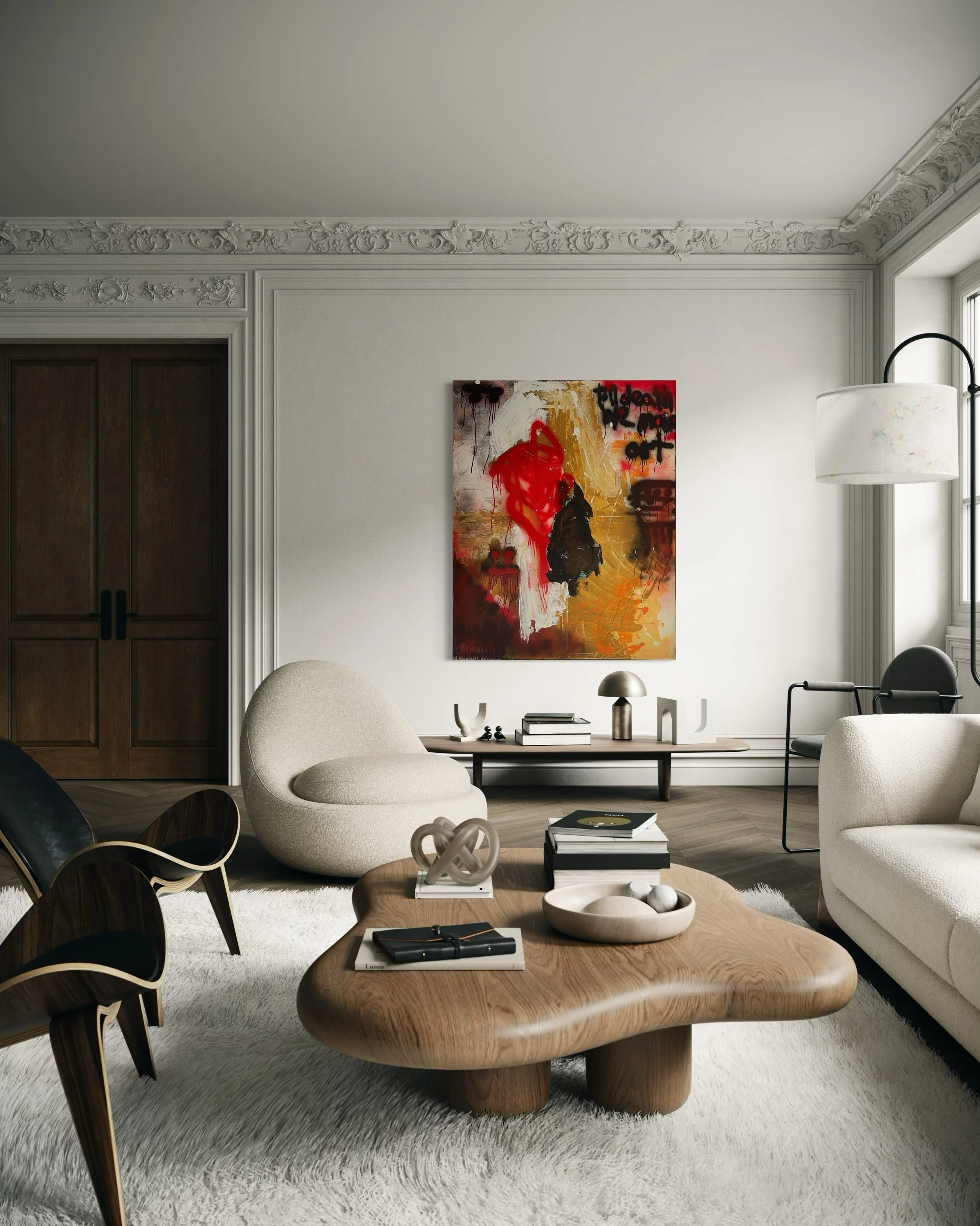 Modern living room with white walls, a large abstract painting with red, black, and yellow colors, a wooden coffee table, cream and black chairs, and a floor lamp near a window.