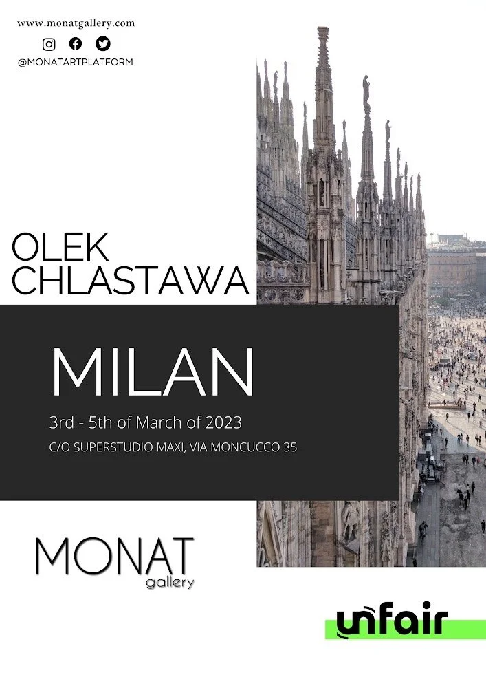 Poster advertising an exhibition by Olek Chlastawek at Mona Gallery, featuring an image of Milan's cathedral, highlighting the dates from March 3 to March 5, 2023.