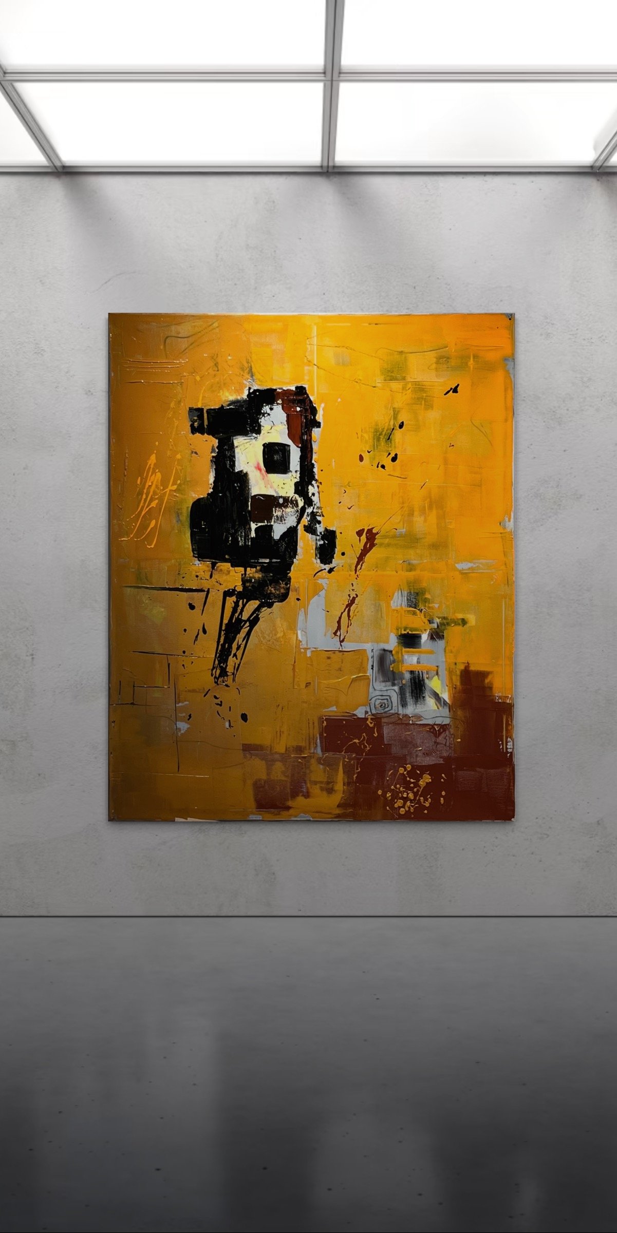 Abstract painting with a yellow and orange background, black and white geometric shapes, and some red, brown, and black splatters in an art gallery.