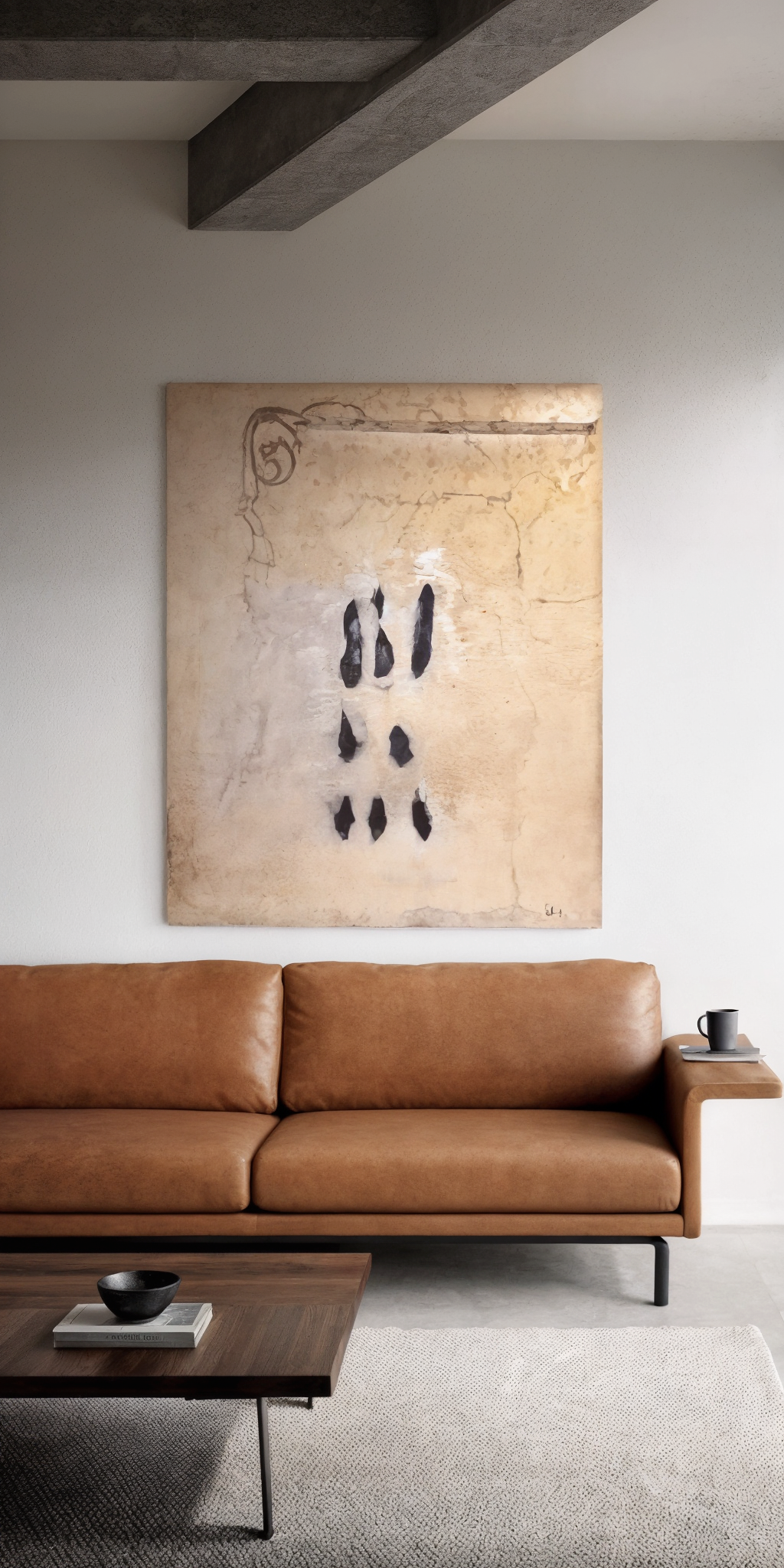Minimalist living room with a tan leather sofa, a wooden coffee table with a bowl and books, and a textured beige wall with an abstract artwork. A small side table with a mug and books is next to the sofa.