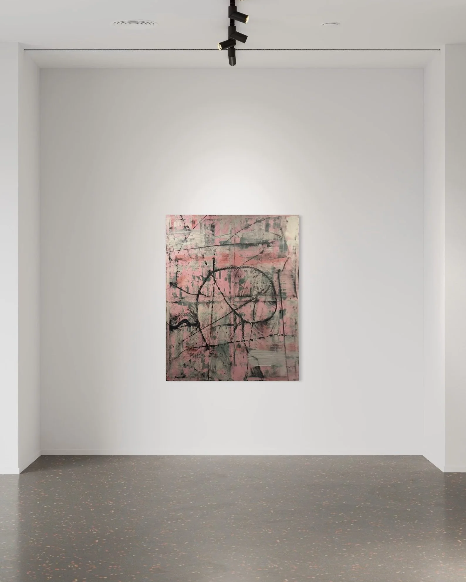 An abstract painting with pink, black, and gray colors hanging on a white gallery wall.
