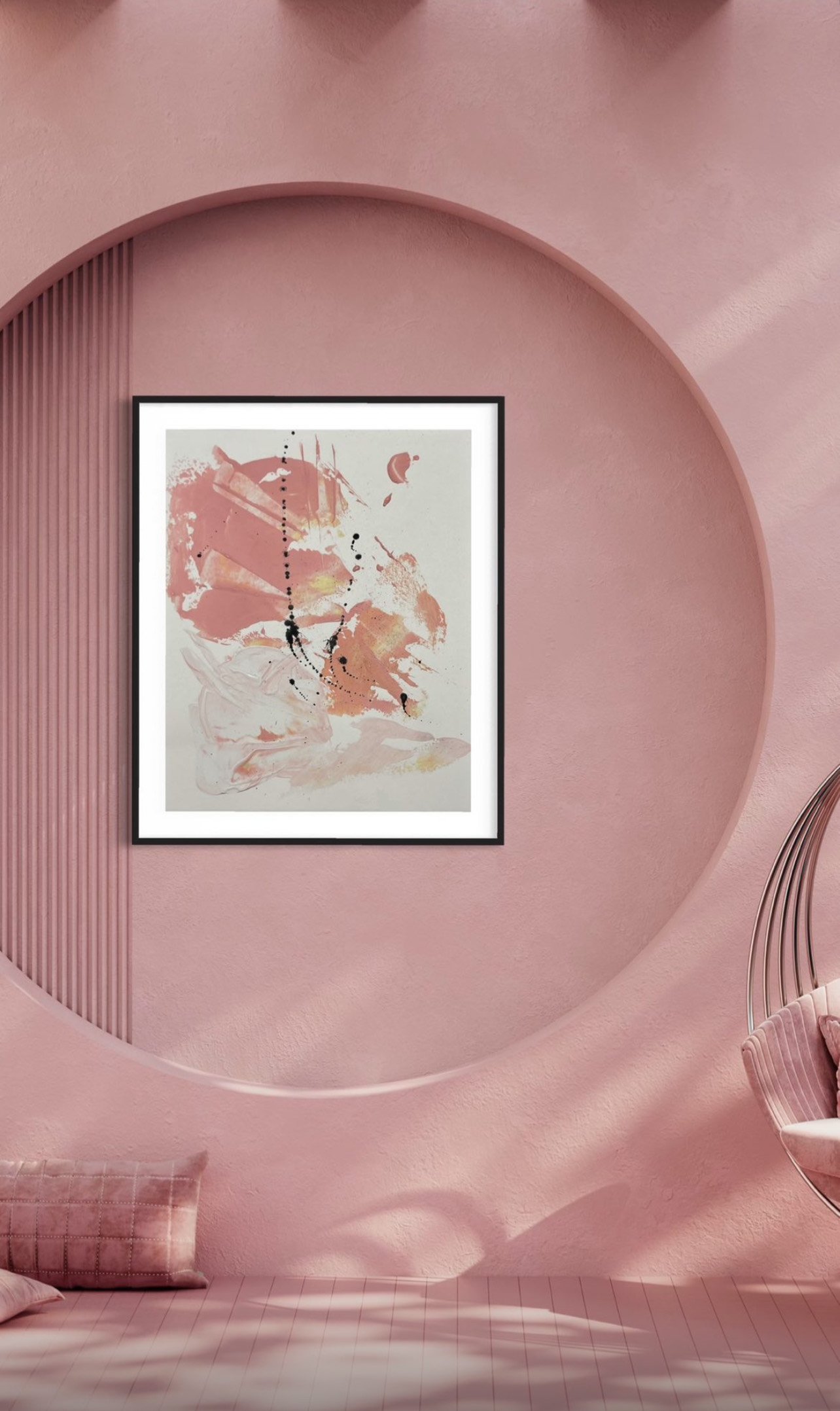 Abstract art with pink, beige, and black brushstrokes on a white background, framed and hanging on a pink wall with circular design elements.