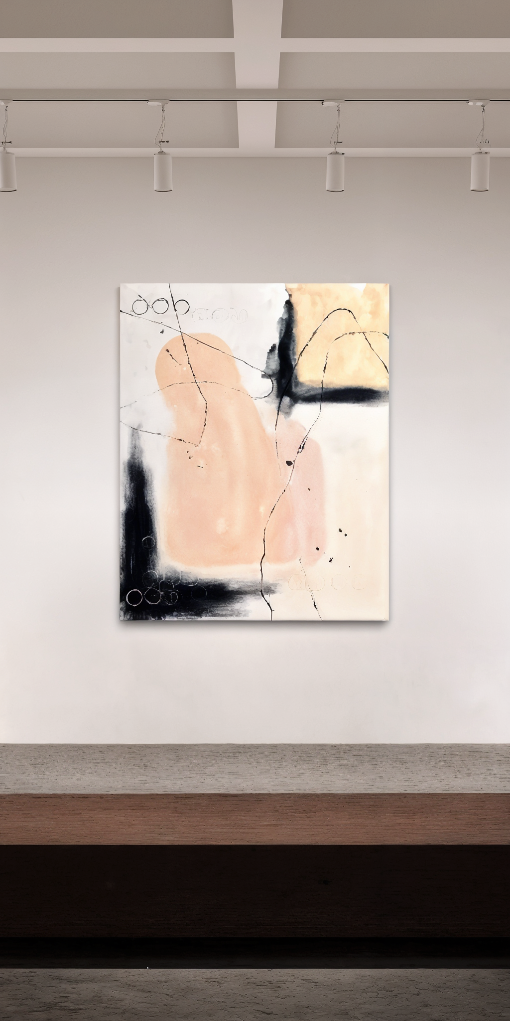 Abstract painting with soft peach, beige, black, and white colors, featuring black lines and circular shapes, displayed on a white gallery wall.