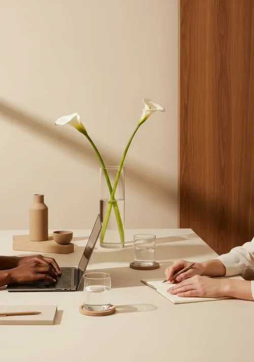 Two people working at a table with notebooks, glasses of water, and a laptop, with a vase of two white calla lilies in the background.