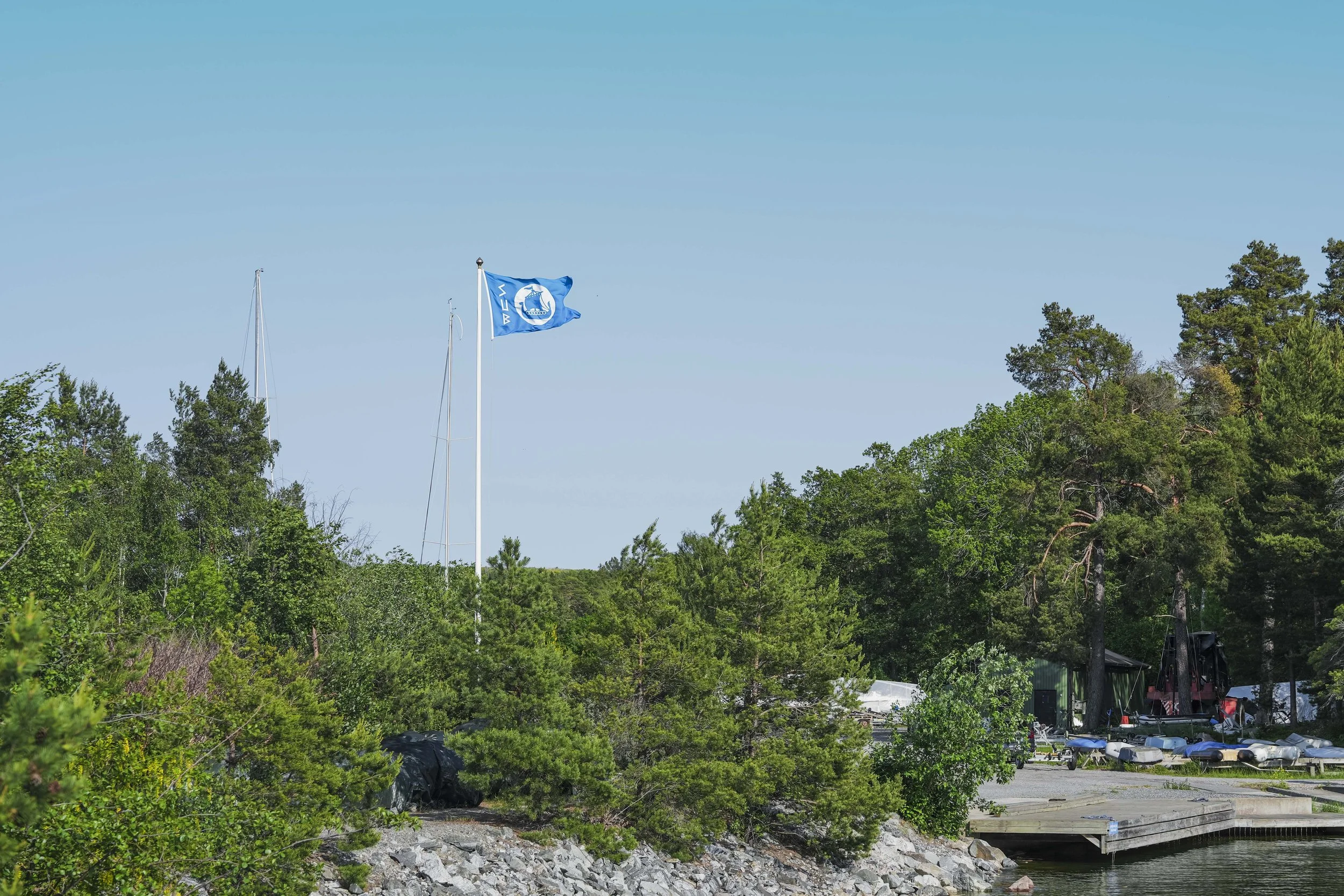 Kustlinje med träd, flagga och båtar