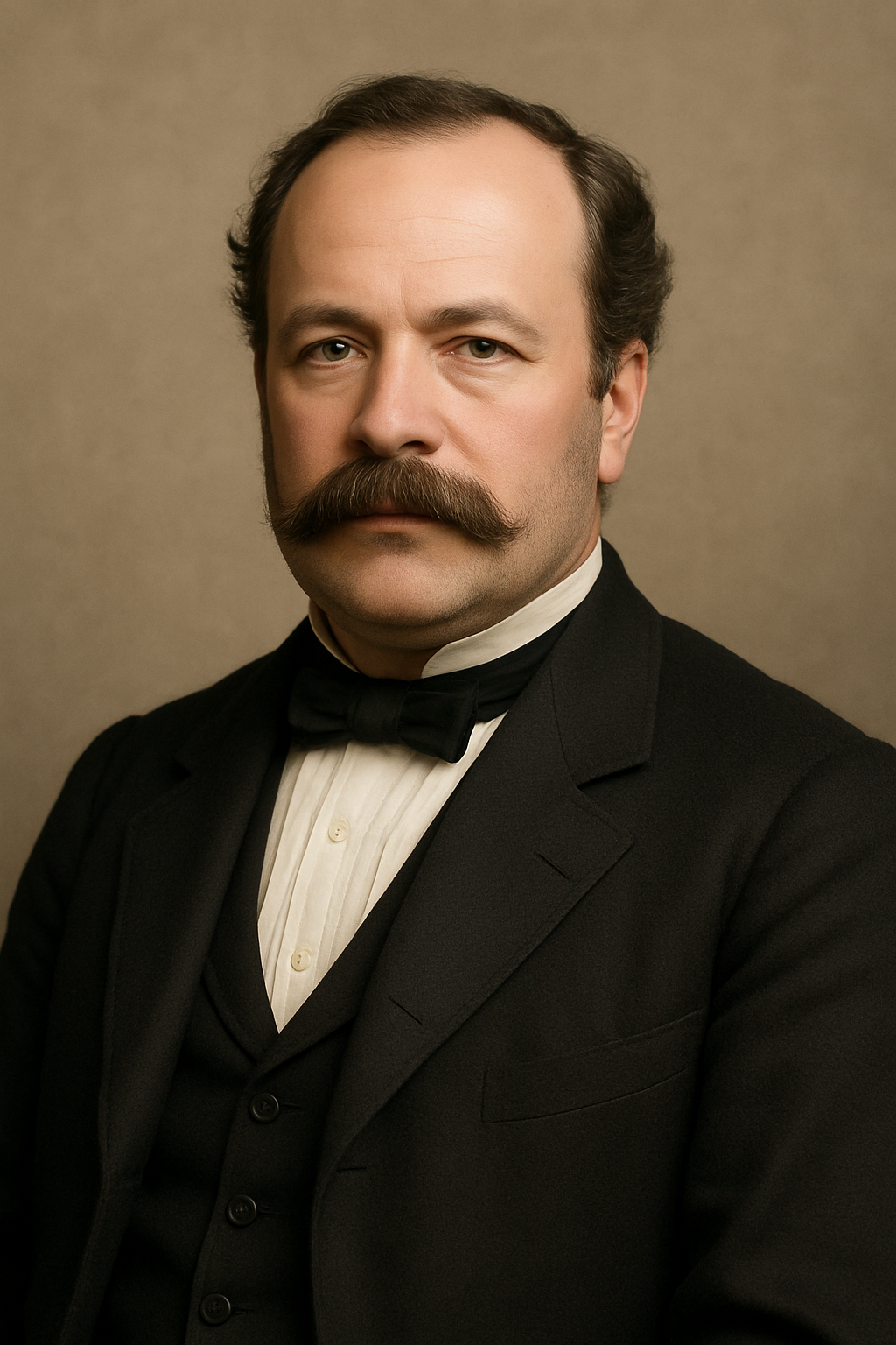 En man med mustasch och mörk kostym, vit krage och svart fluga, porträtt.