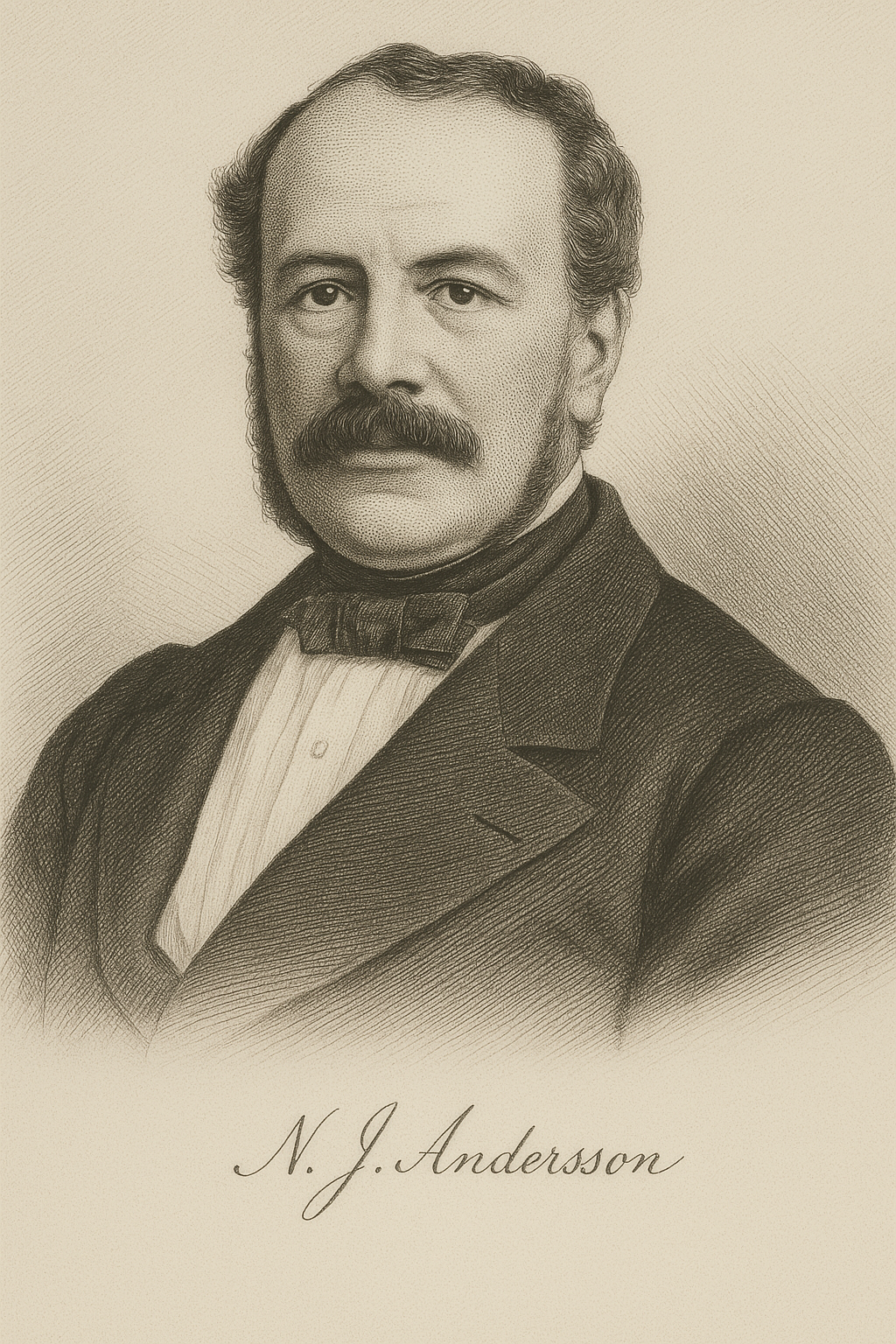 Svartvitt porträtt av en man med mustasch och lockigt hår, klädd i en mörk kostym och vit skjorta med krage. Under porträttet står det "N. J. Andersson".