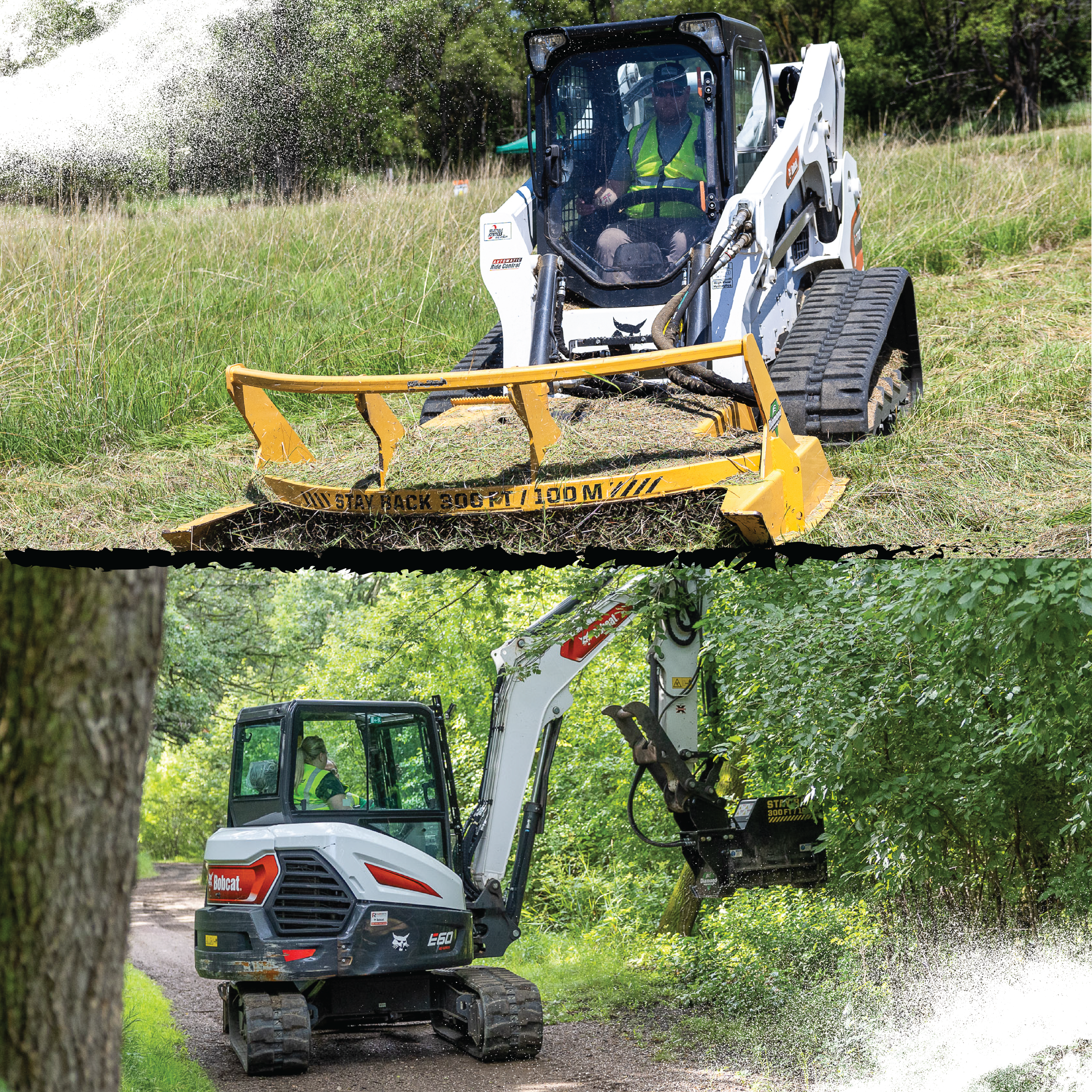 A compact skid-steer loader with tracks, operated by a person in a high-visibility safety vest, is cutting and clearing tall grass and brush in a wooded outdoor area.