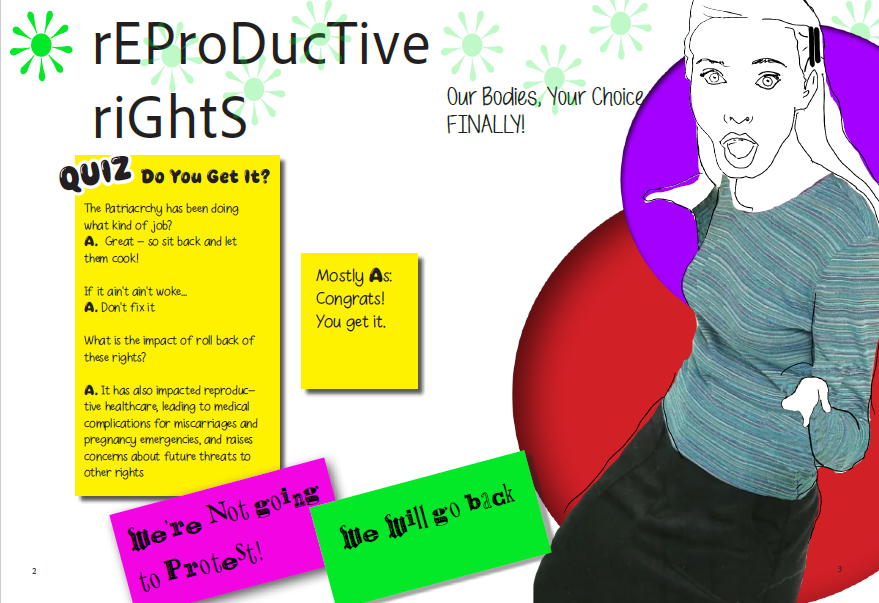 This project is a satirical magazine spread created for a school assignment, designed to engage readers with humor while tackling serious social issues. The layout uses bold, contrasting colors, playful typography, and exaggerated visual elements to 