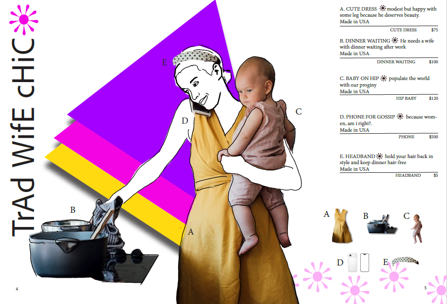 This magazine layout project explores the intersection of domestic identity, consumer culture, and modern femininity through a stylized editorial spread. The concept reimagines traditional “housewife” imagery within a bold, contemporary design framew