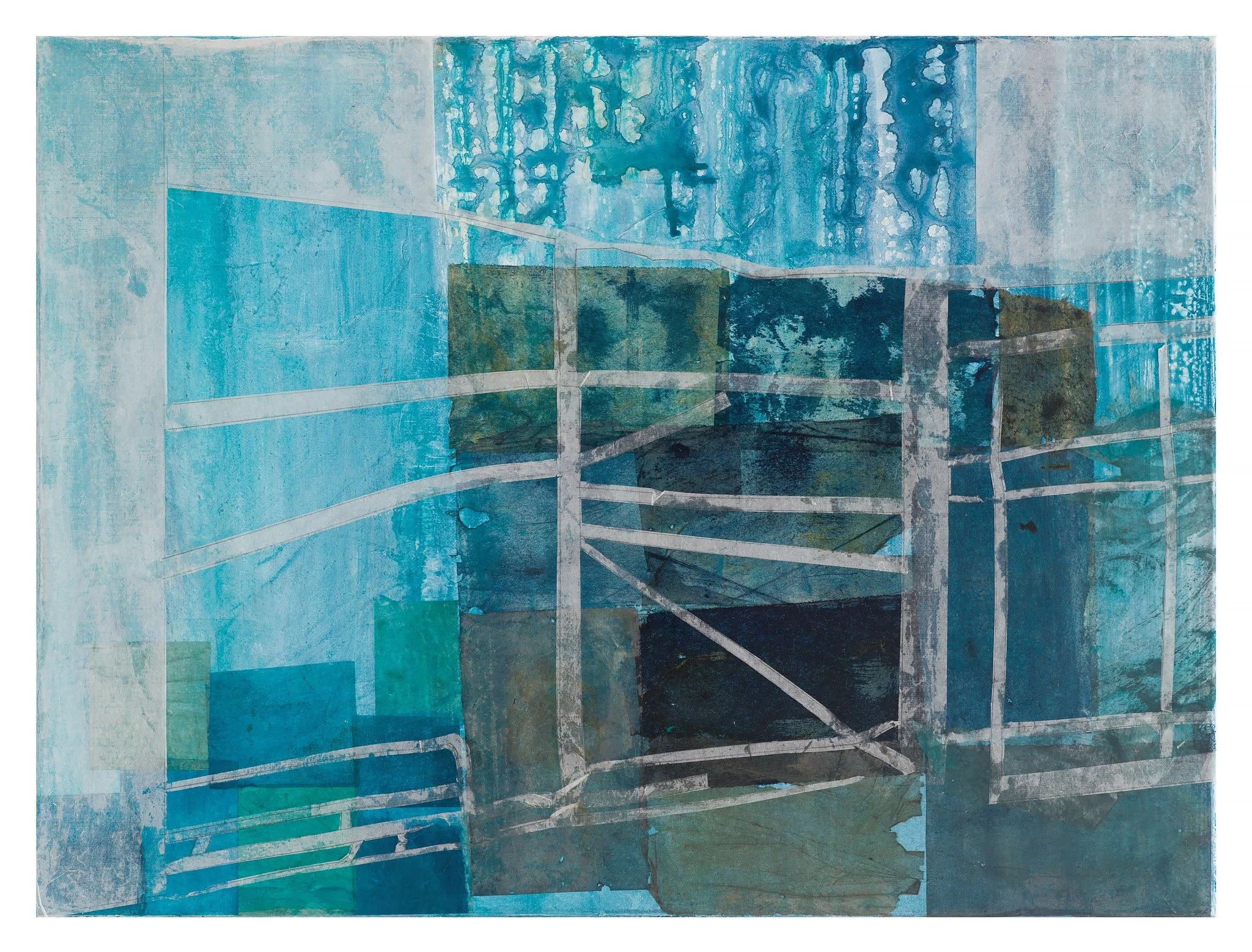 Scaffolding Shadows, 61st Street, 2025, 18x24", painting with rice paper collage on canvas
